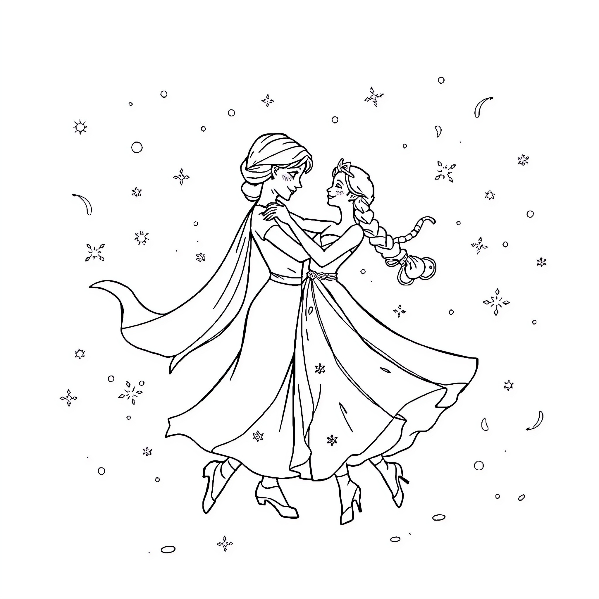 Ballerina princesses dancing gracefully amidst the stars Coloring Page (free black-and-white line drawing printable PDF for all, from beginners to advanced learners, including children, teens, adults, and seniors)