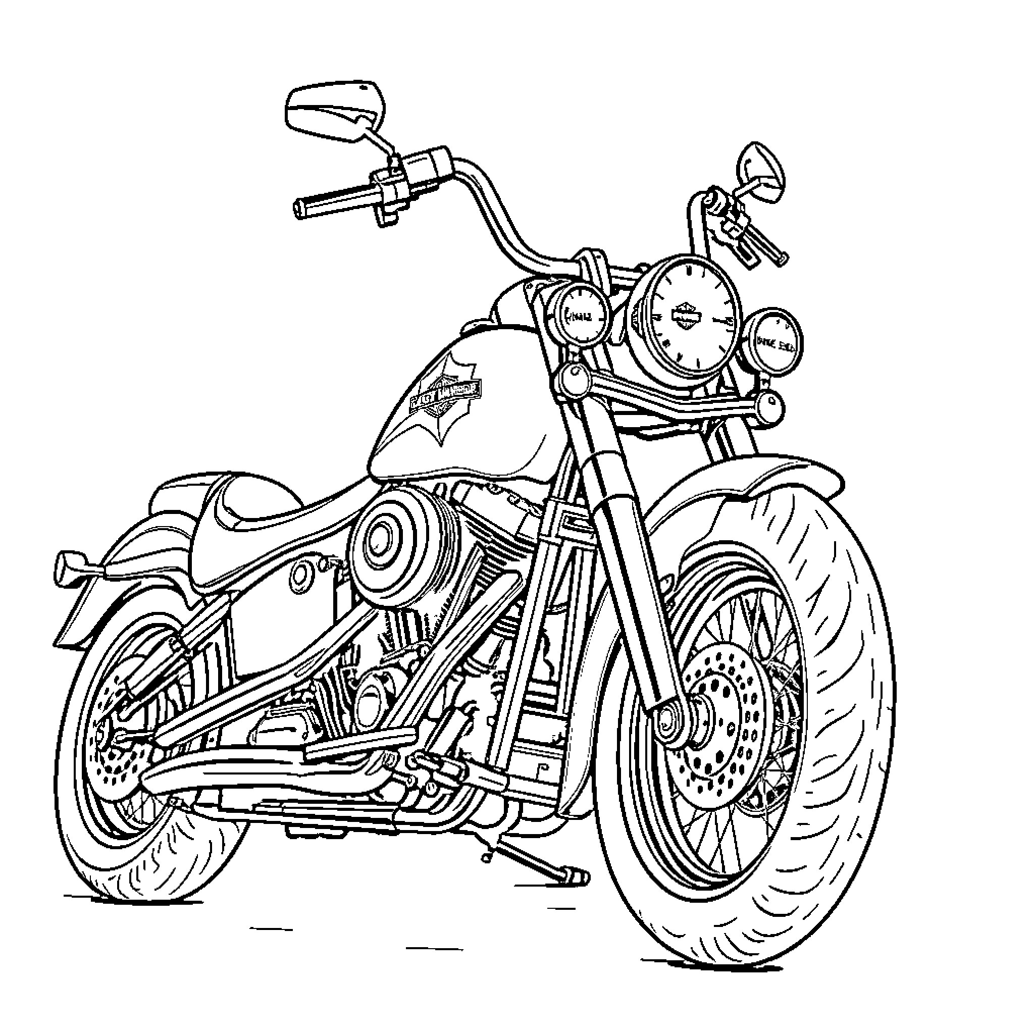 Harley Davidson motorcycle parked and ready for adventure Coloring Page (free black-and-white line drawing printable PDF for all, from beginners to advanced learners, including children, teens, adults, and seniors)