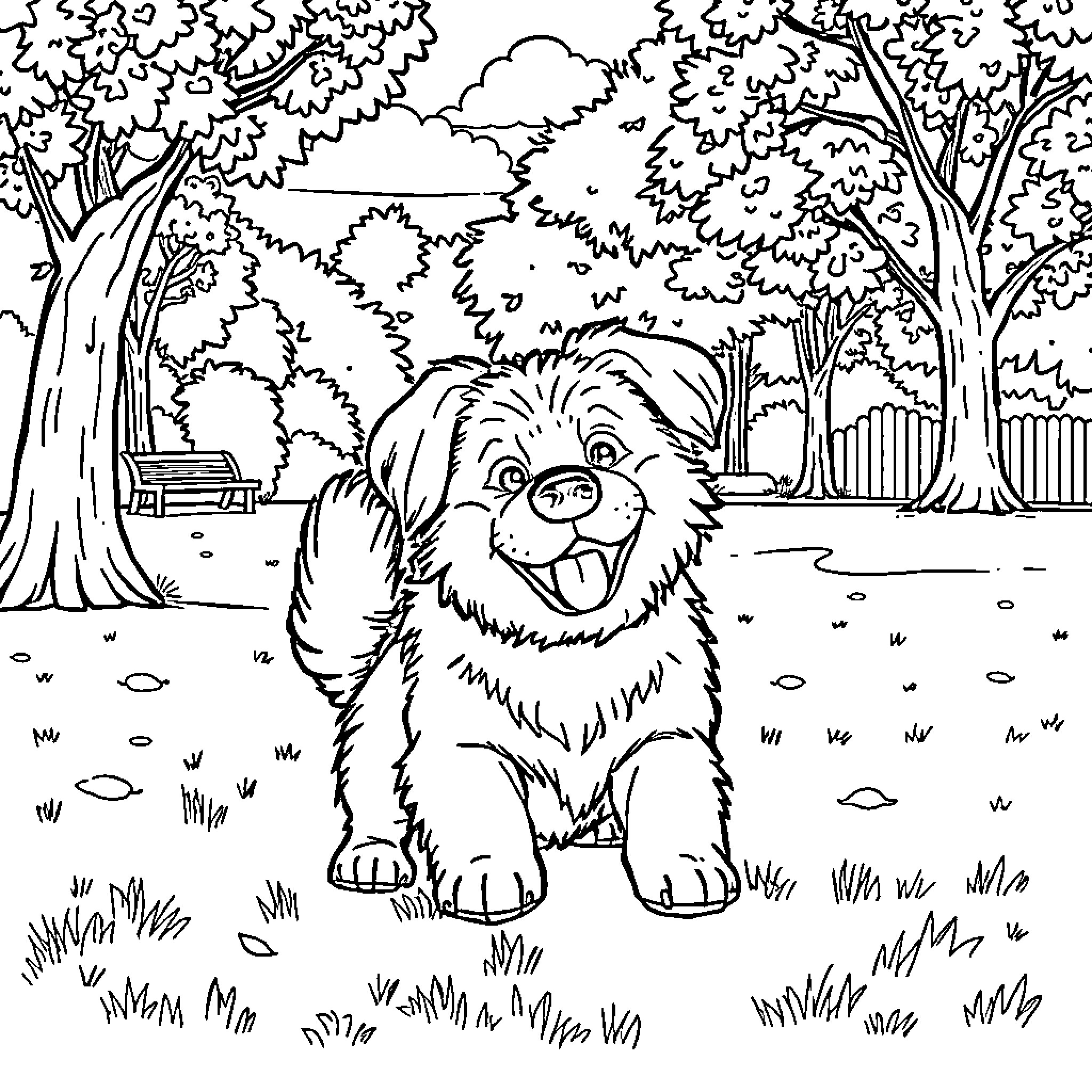 Dog exploring the scenic park Coloring Page (free black-and-white line drawing printable PDF for all, from beginners to advanced learners, including children, teens, adults, and seniors)