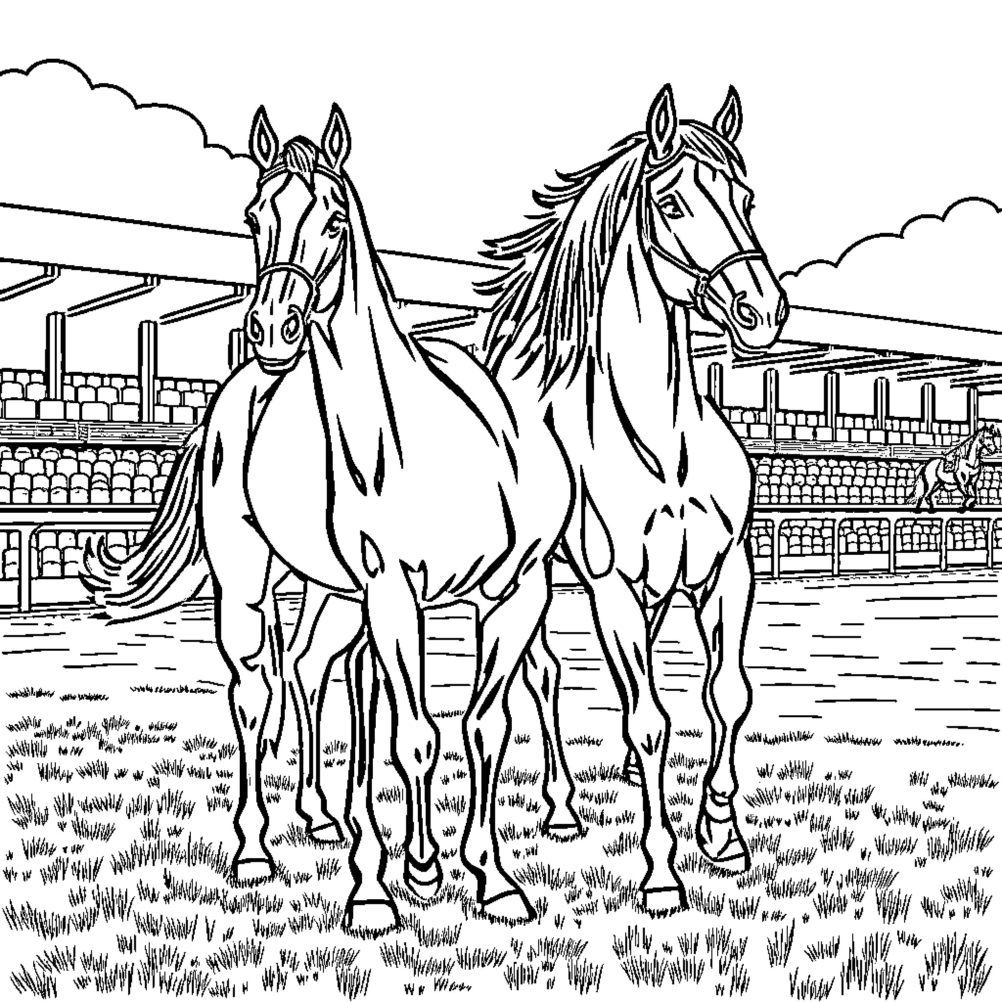 Horse pair walking together on a grassy field Coloring Page (free black-and-white line drawing printable PDF for all, from beginners to advanced learners, including children, teens, adults, and seniors)