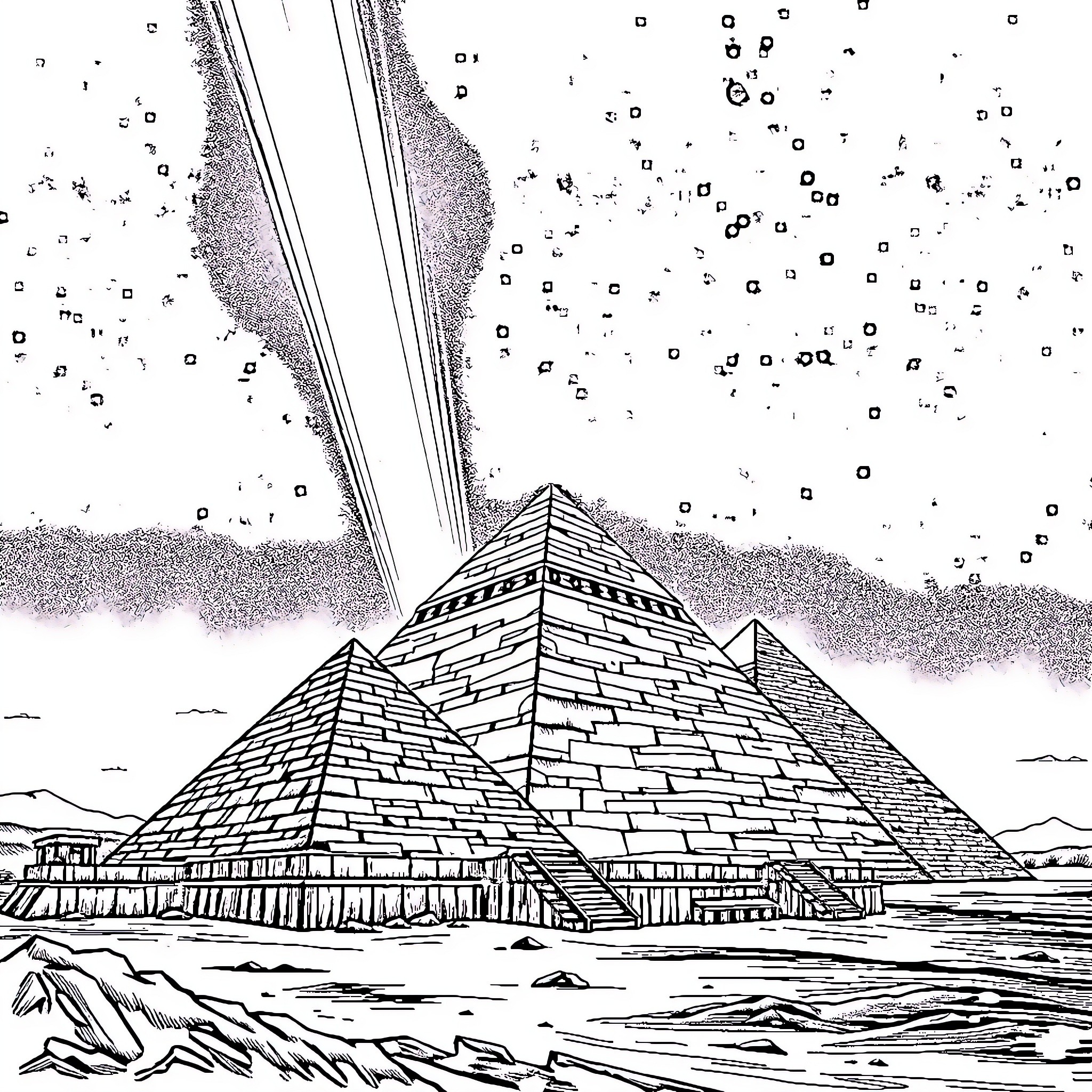 Pyramid structures under starry sky Coloring Page (free black-and-white line drawing printable PDF for all, from beginners to advanced learners, including children, teens, adults, and seniors)