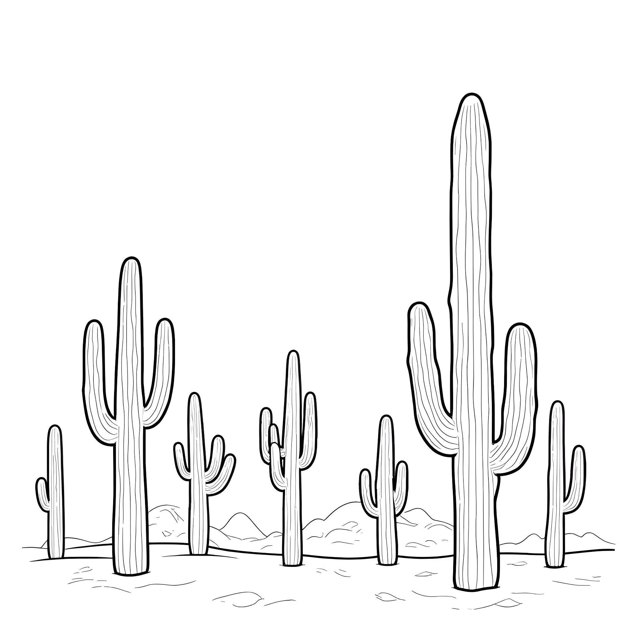 Saguaro cactus silhouettes in the desert landscape Coloring Page (free black-and-white line drawing printable PDF for all, from beginners to advanced learners, including children, teens, adults, and seniors)