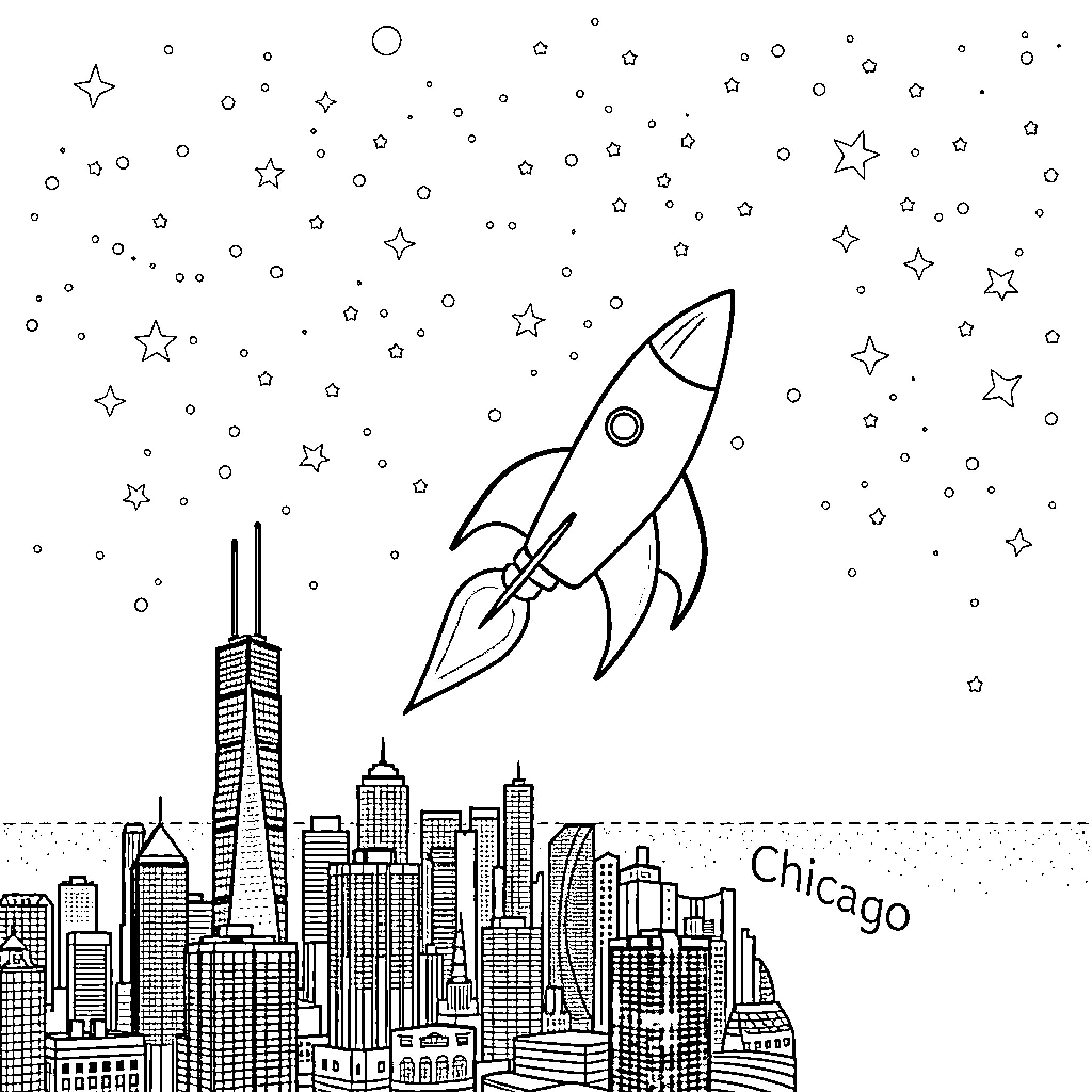Rocket soaring through the starry sky above Chicago Coloring Page (free black-and-white line drawing printable PDF for all, from beginners to advanced learners, including children, teens, adults, and seniors)