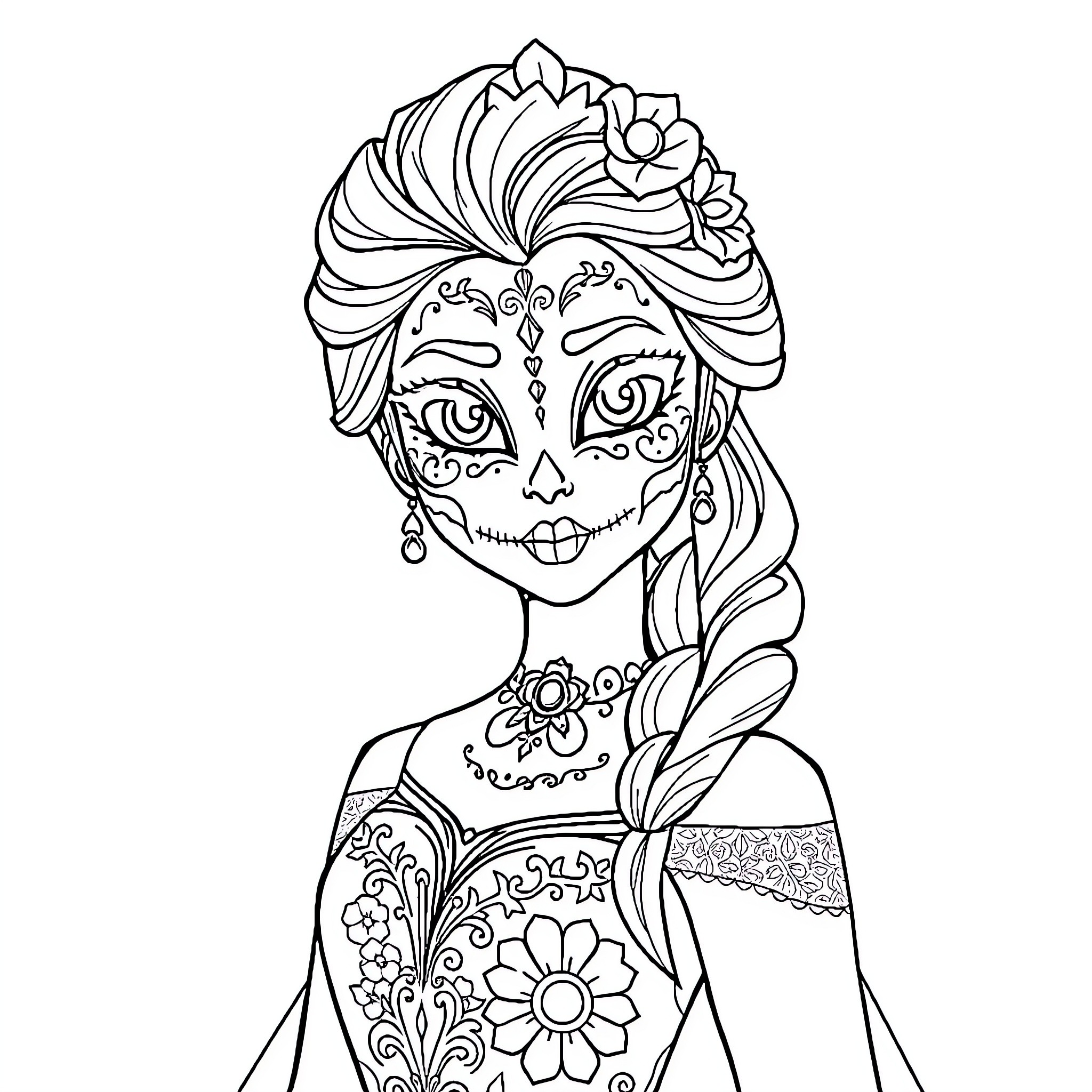 Elsa's Artistic Day of the Dead Celebration Coloring Page (free black-and-white line drawing printable PDF for all, from beginners to advanced learners, including children, teens, adults, and seniors)