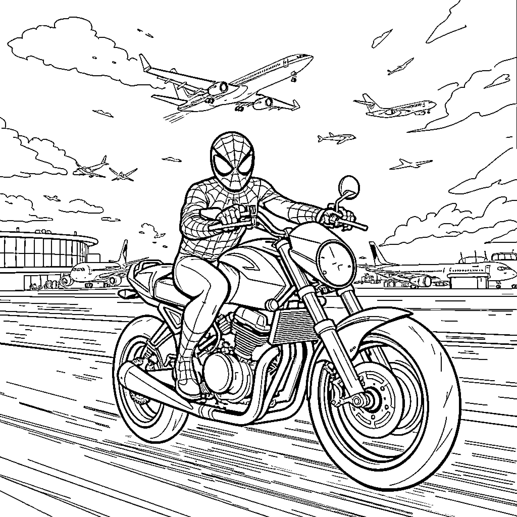 Spiderman riding a motorcycle at the airport Coloring Page (free black-and-white line drawing printable PDF for all, from beginners to advanced learners, including children, teens, adults, and seniors)