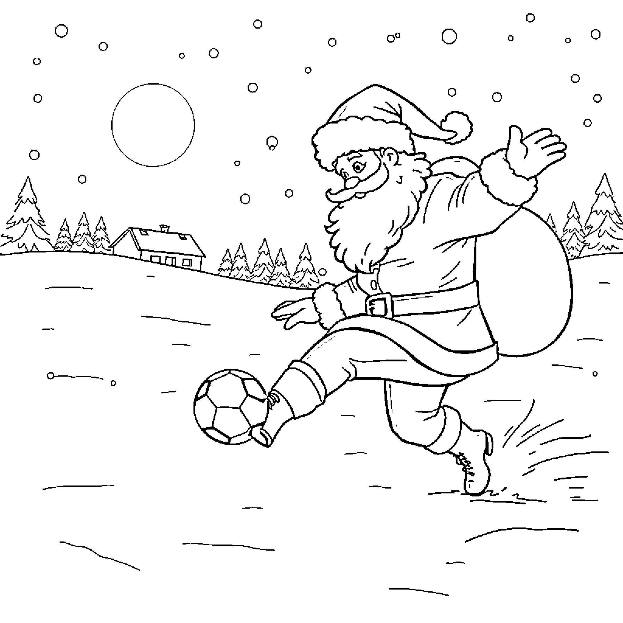 Santa enjoying snowy winter with soccer ball Coloring Page (free black-and-white line drawing printable PDF for all, from beginners to advanced learners, including children, teens, adults, and seniors)
