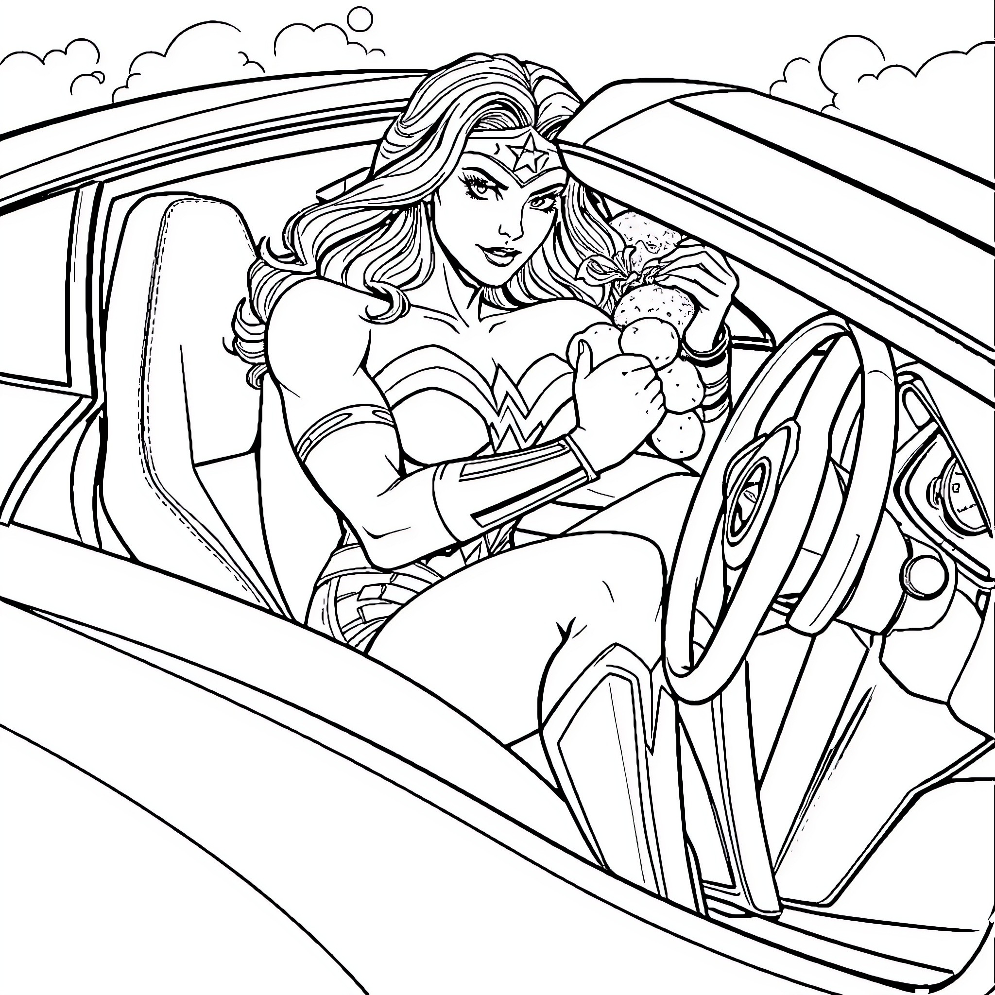 Wonderwoman driving a super car with determination Coloring Page (free black-and-white line drawing printable PDF for all, from beginners to advanced learners, including children, teens, adults, and seniors)
