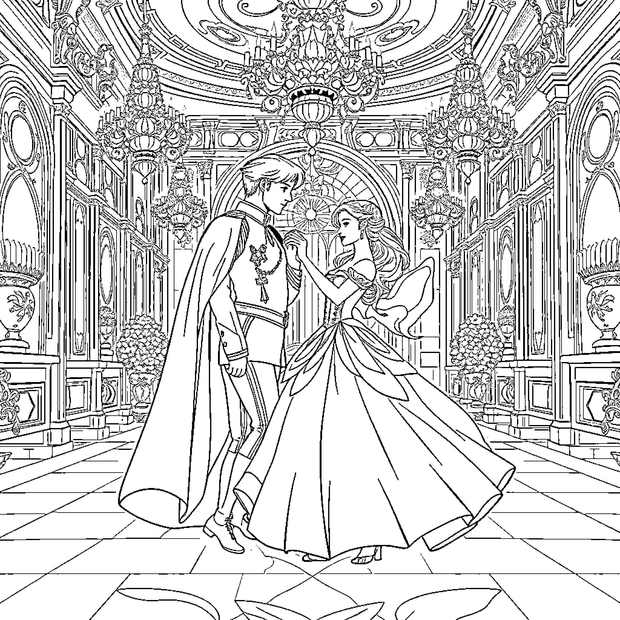 Prince and Princess in Elegant Royal Palace Coloring Page (free black-and-white line drawing printable PDF for all, from beginners to advanced learners, including children, teens, adults, and seniors)