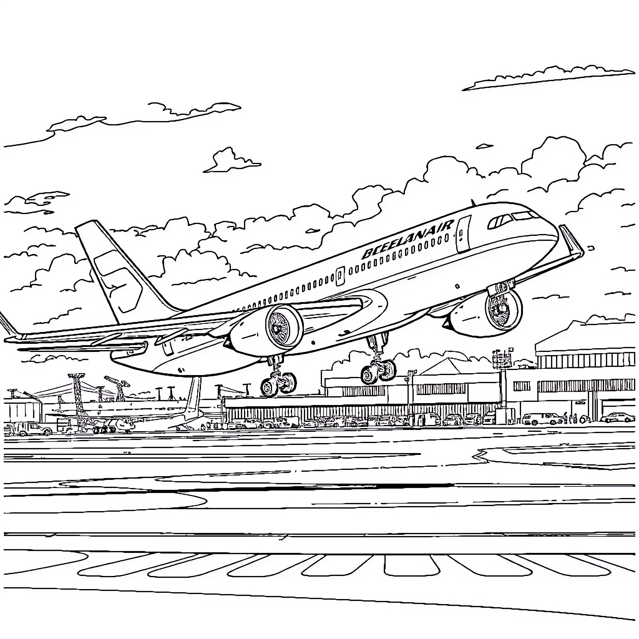 Boeing aircraft taking flight over cityscape Coloring Page (free black-and-white line drawing printable PDF for all, from beginners to advanced learners, including children, teens, adults, and seniors)