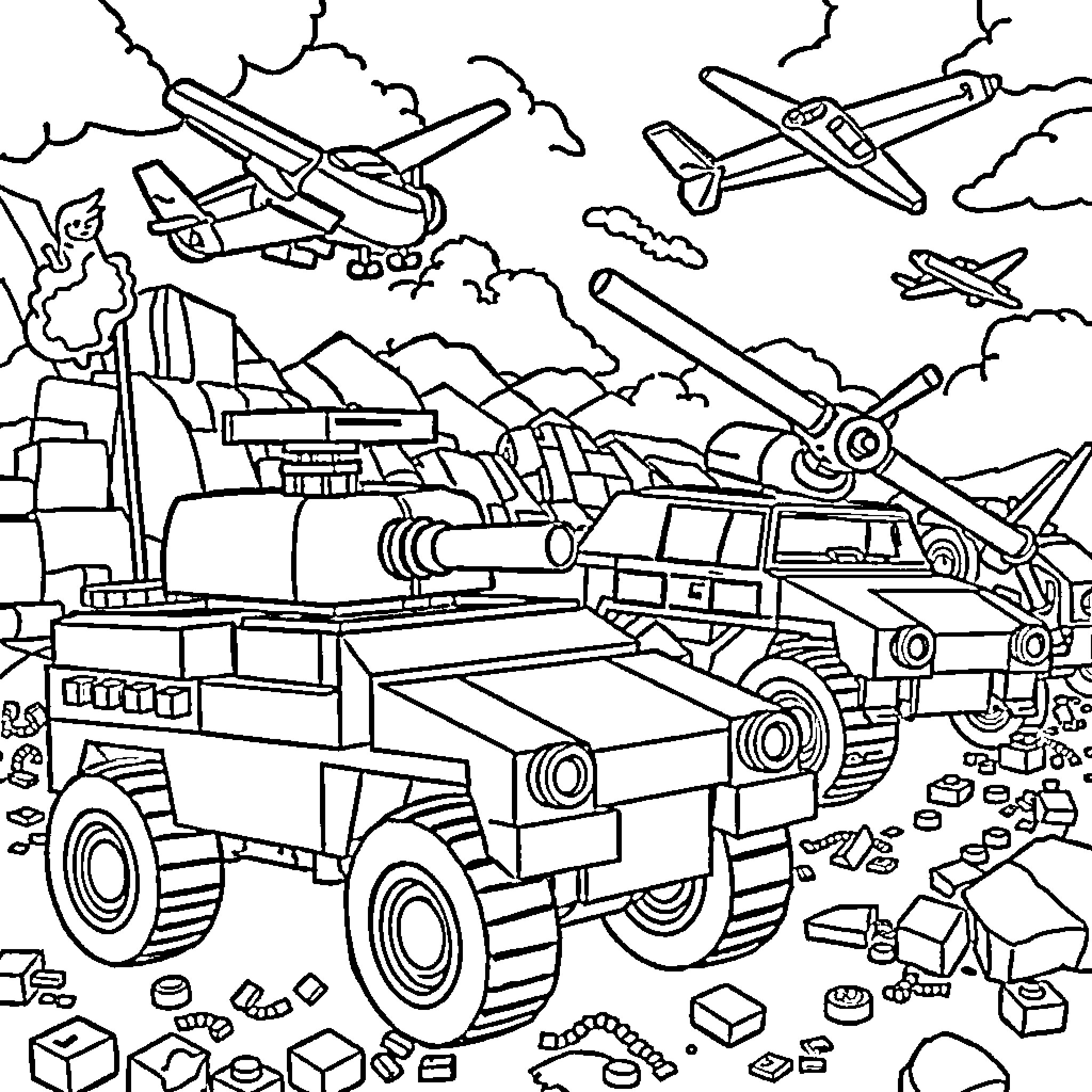 Army Vehicle Engaged in Combat Operations with Aircraft Coloring Page (free black-and-white line drawing printable PDF for all, from beginners to advanced learners, including children, teens, adults, and seniors)