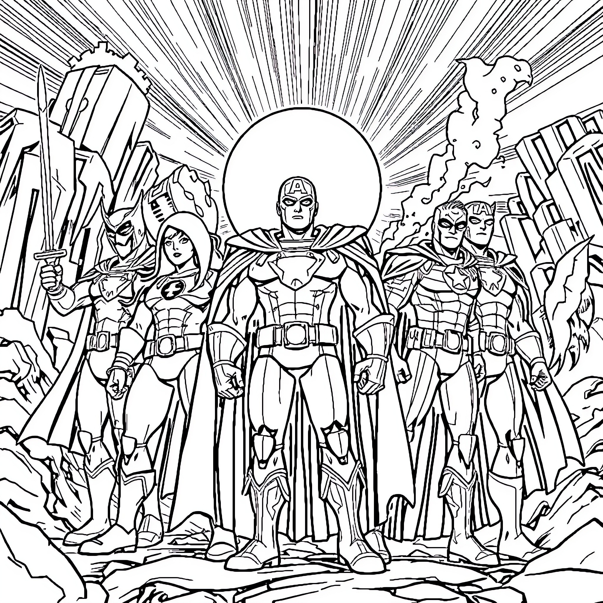 Hero Superheroes Assemble to Protect the City Coloring Page (free black-and-white line drawing printable PDF for all, from beginners to advanced learners, including children, teens, adults, and seniors)