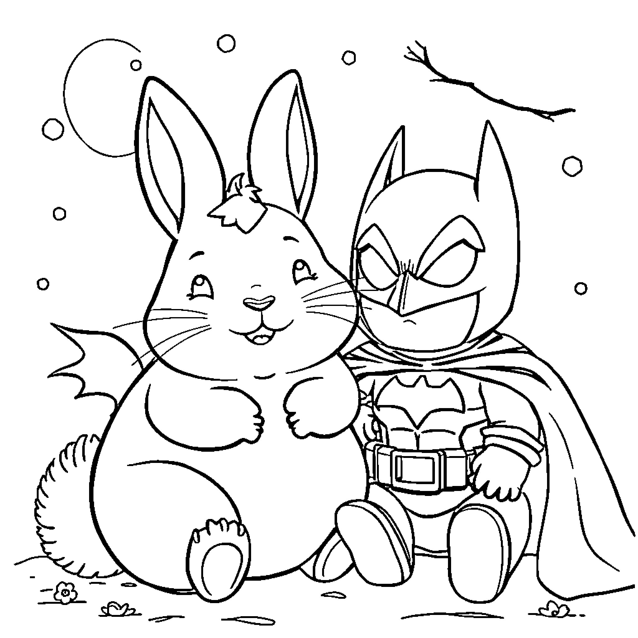 Cinnamaroll bunny playing with Batman superhero Coloring Page (free black-and-white line drawing printable PDF for all, from beginners to advanced learners, including children, teens, adults, and seniors)