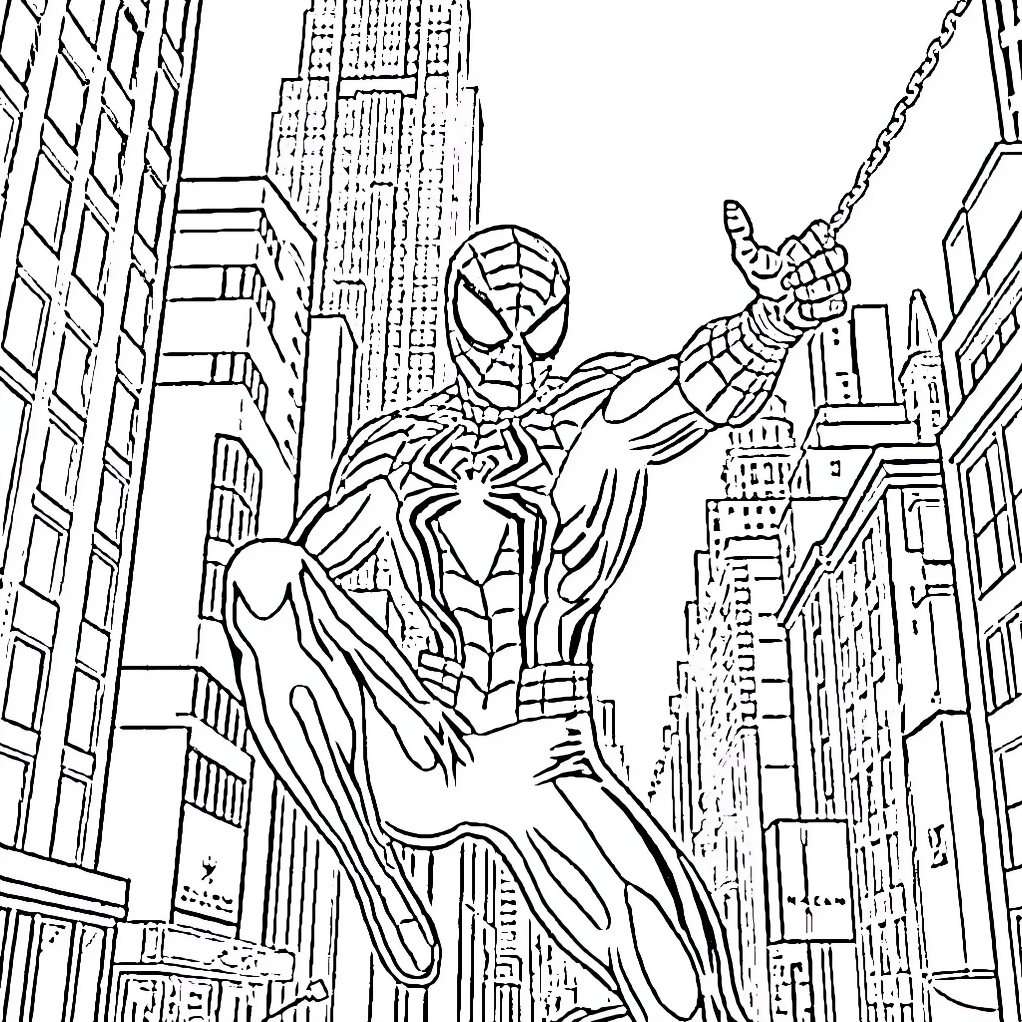 Spider hero swinging above the city streets Coloring Page (free black-and-white line drawing printable PDF for all, from beginners to advanced learners, including children, teens, adults, and seniors)