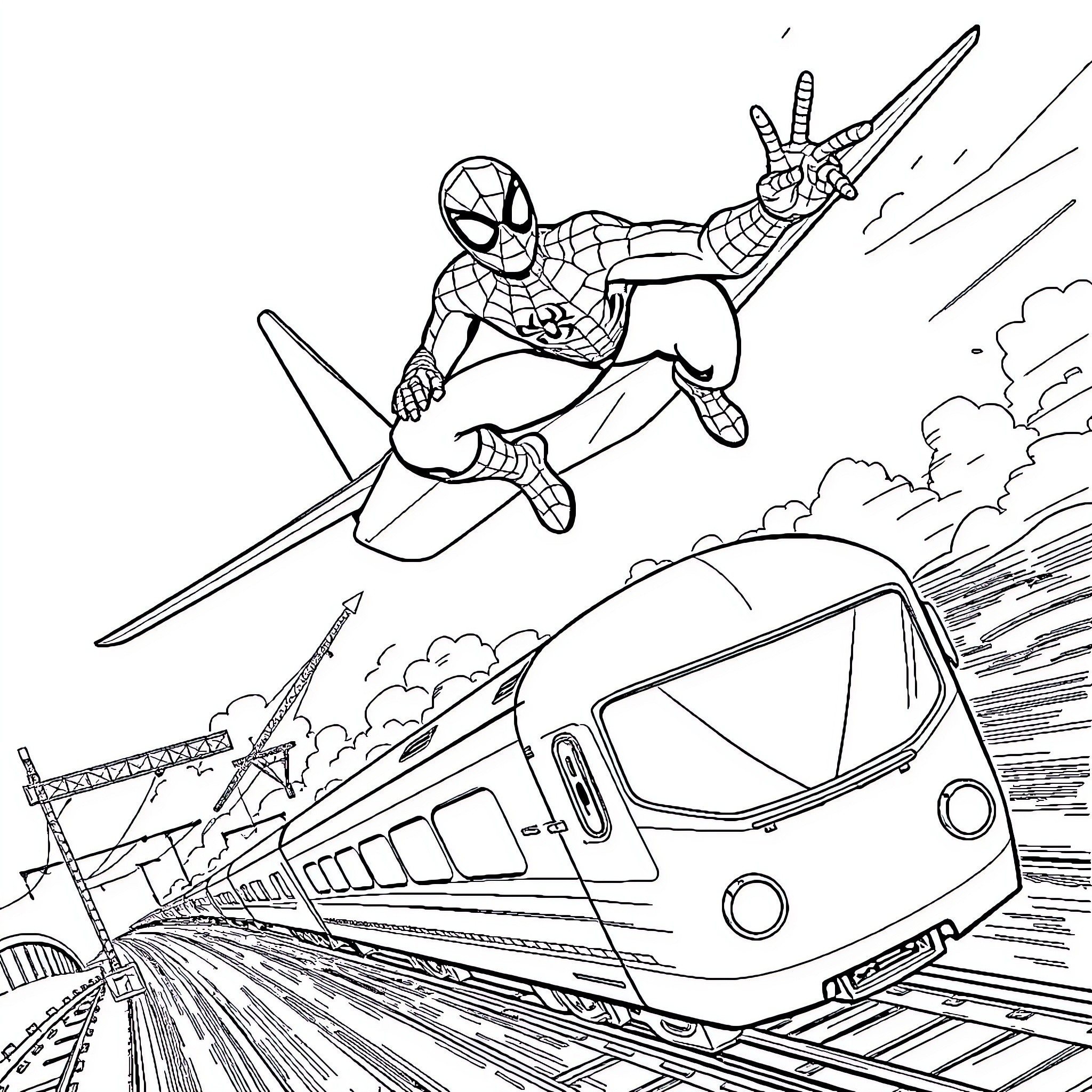 Spiderman swinging through the city over a speeding train Coloring Page (free black-and-white line drawing printable PDF for all, from beginners to advanced learners, including children, teens, adults, and seniors)