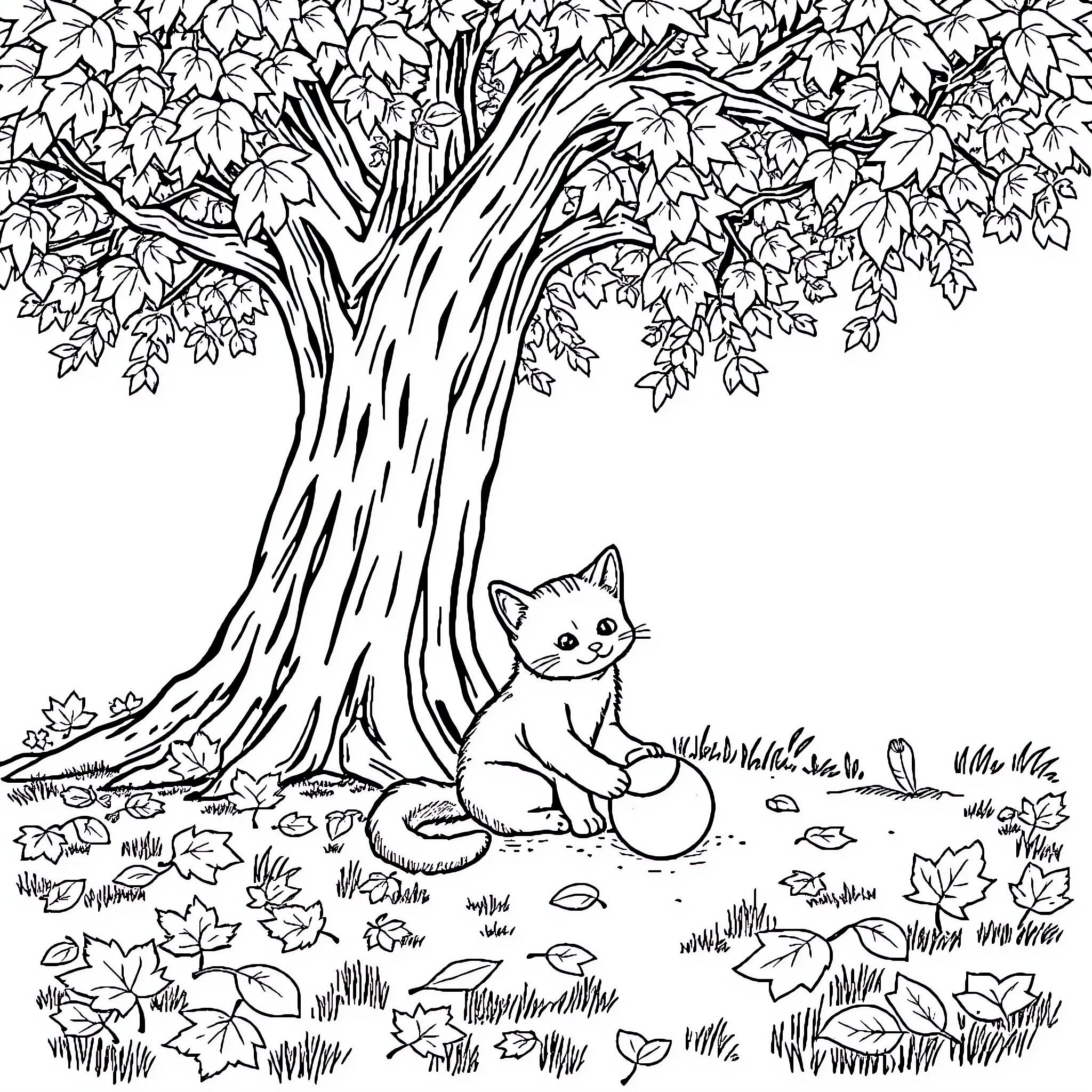Cat exploring nature under tree canopy Coloring Page (free black-and-white line drawing printable PDF for all, from beginners to advanced learners, including children, teens, adults, and seniors)