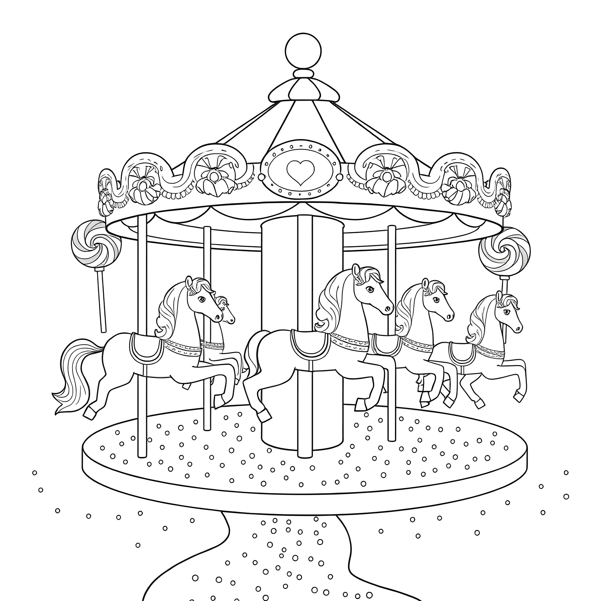 Candy Carousel with Whimsical Horses Coloring Page (free black-and-white line drawing printable PDF for all, from beginners to advanced learners, including children, teens, adults, and seniors)