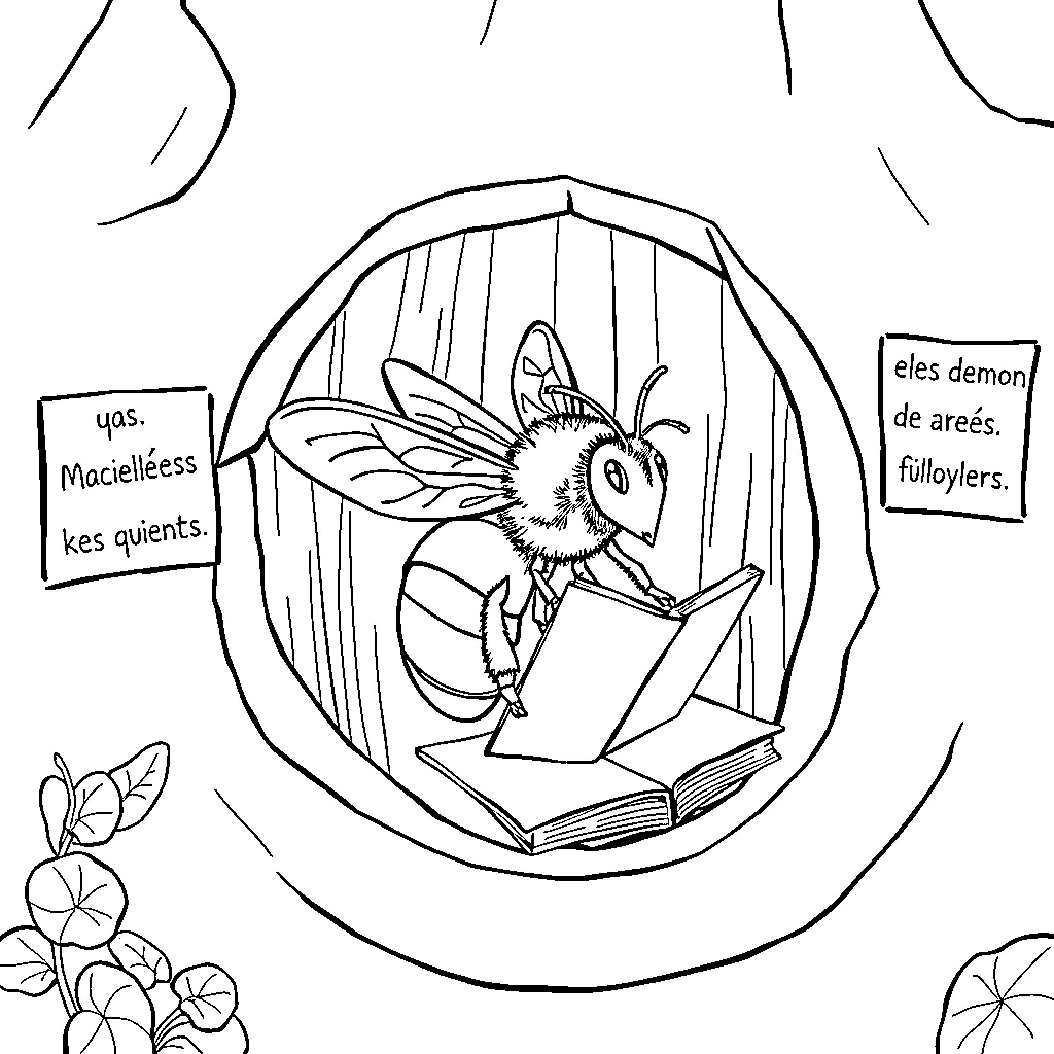 Bee reading books and spreading knowledge Coloring Page (free black-and-white line drawing printable PDF for all, from beginners to advanced learners, including children, teens, adults, and seniors)