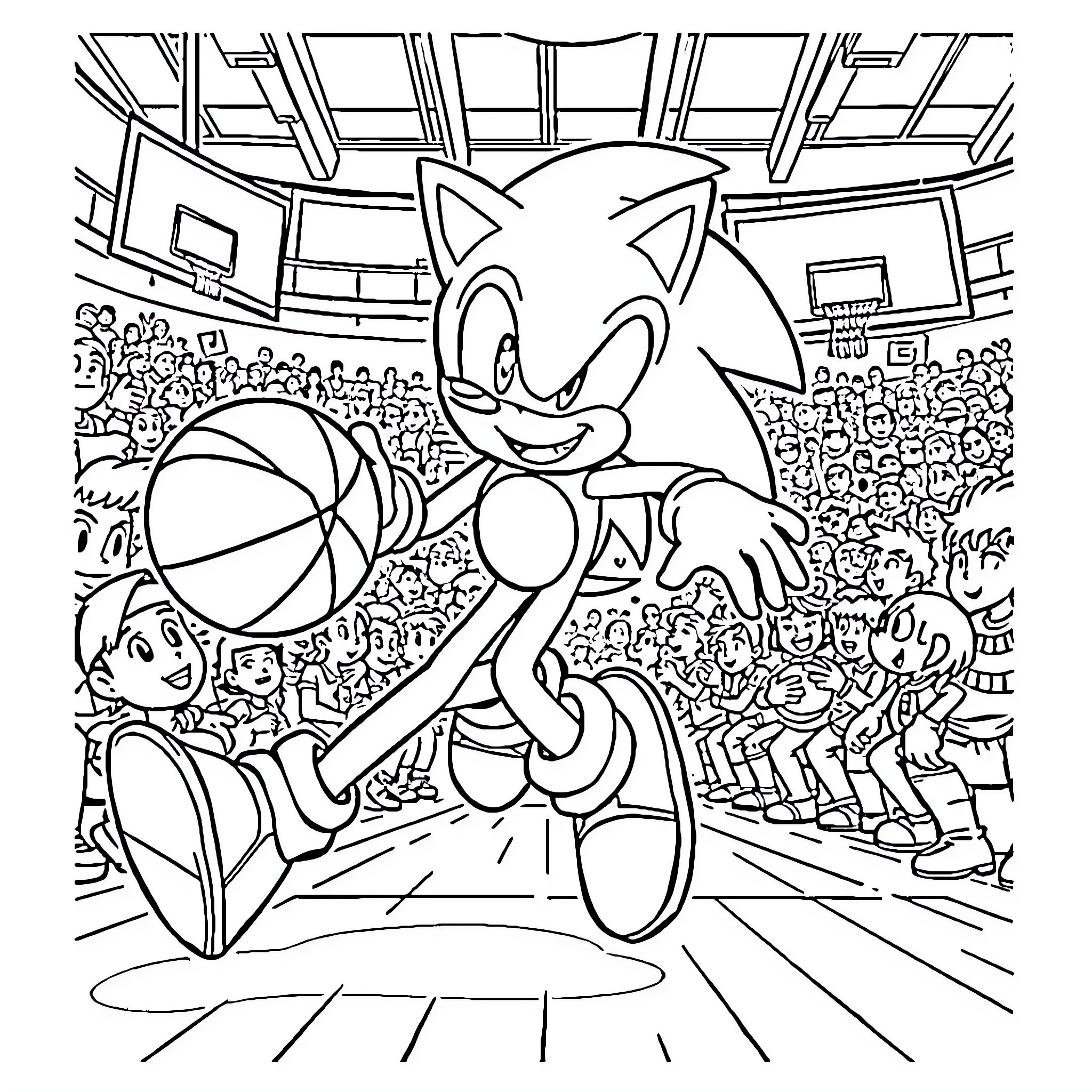 Sonic Enjoying a Basketball Game with Fans Coloring Page (free black-and-white line drawing printable PDF for all, from beginners to advanced learners, including children, teens, adults, and seniors)