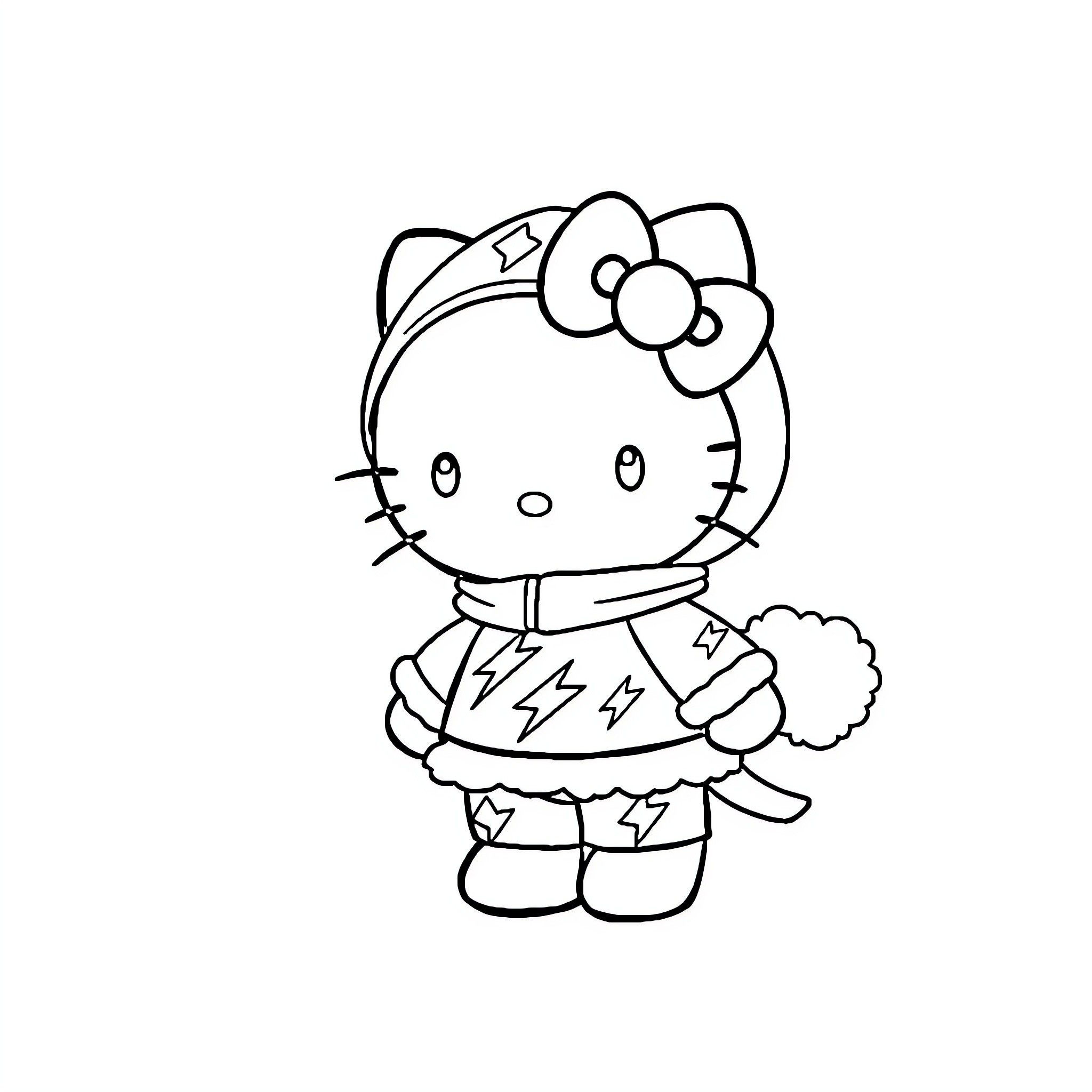 Hello Kitty in playful character outfit Coloring Page (free black-and-white line drawing printable PDF for all, from beginners to advanced learners, including children, teens, adults, and seniors)