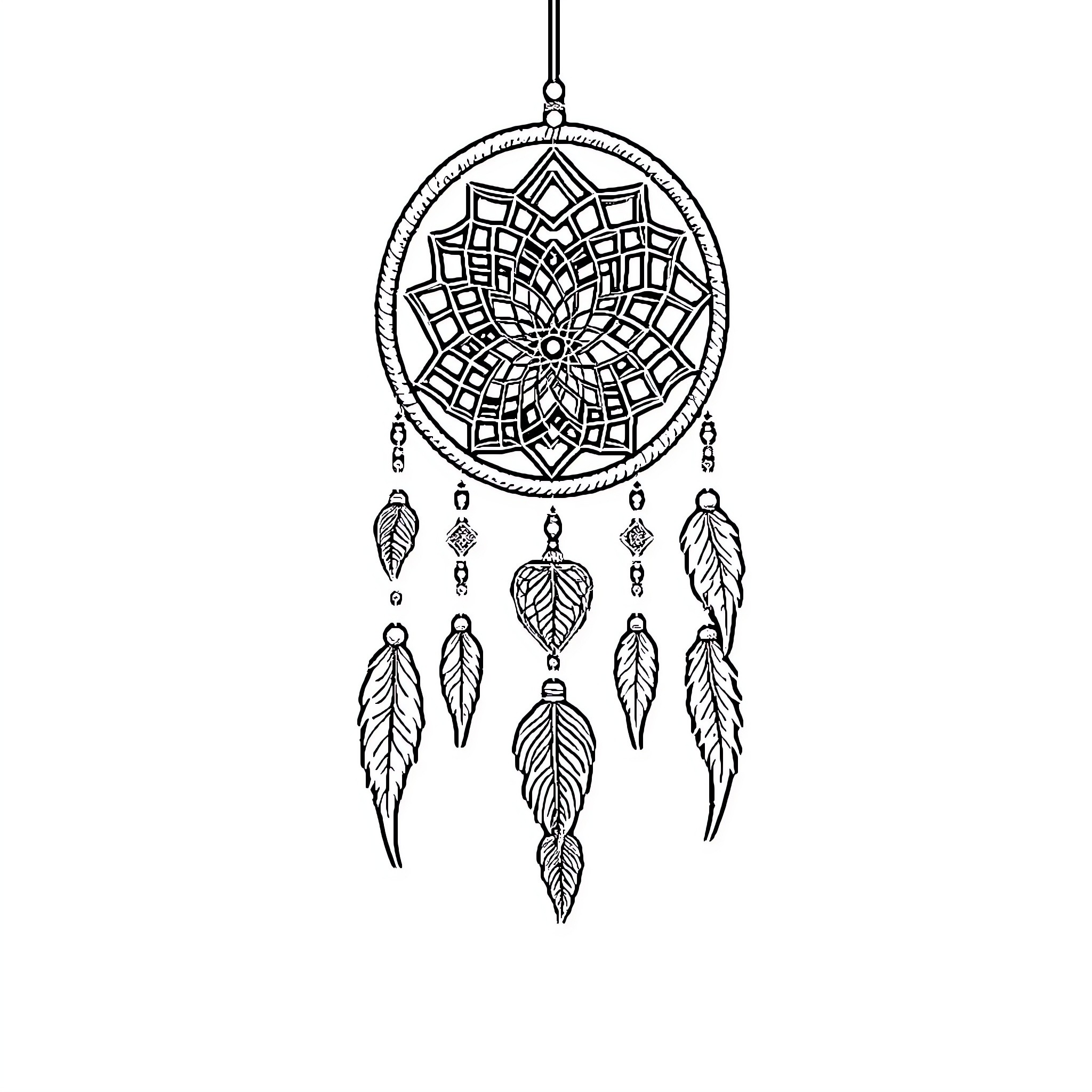 Dream Catcher with Intricate Pattern and Feathers Coloring Page (free black-and-white line drawing printable PDF for all, from beginners to advanced learners, including children, teens, adults, and seniors)