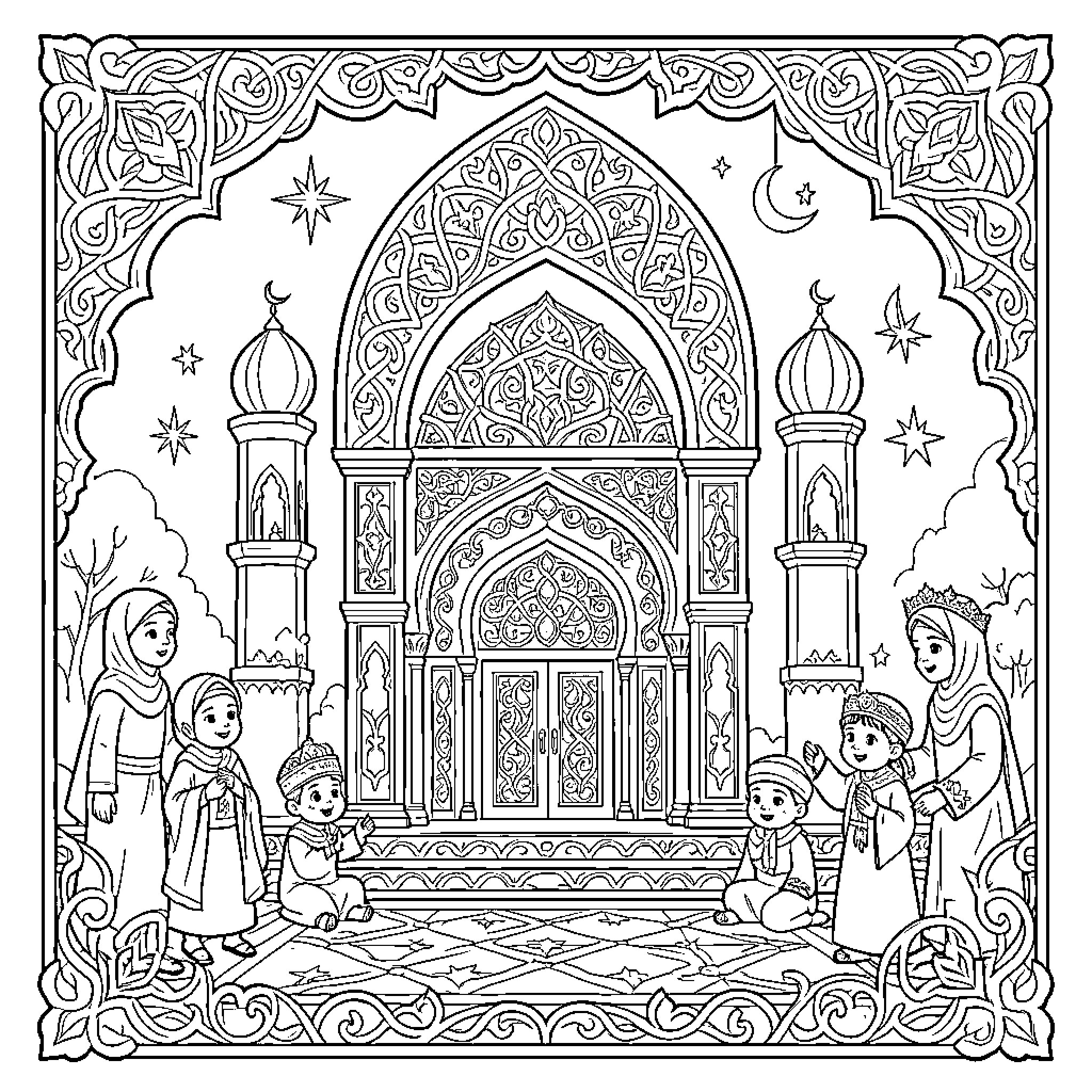 Islamic Gathering of Family at Mosque Entrance Coloring Page (free black-and-white line drawing printable PDF for all, from beginners to advanced learners, including children, teens, adults, and seniors)