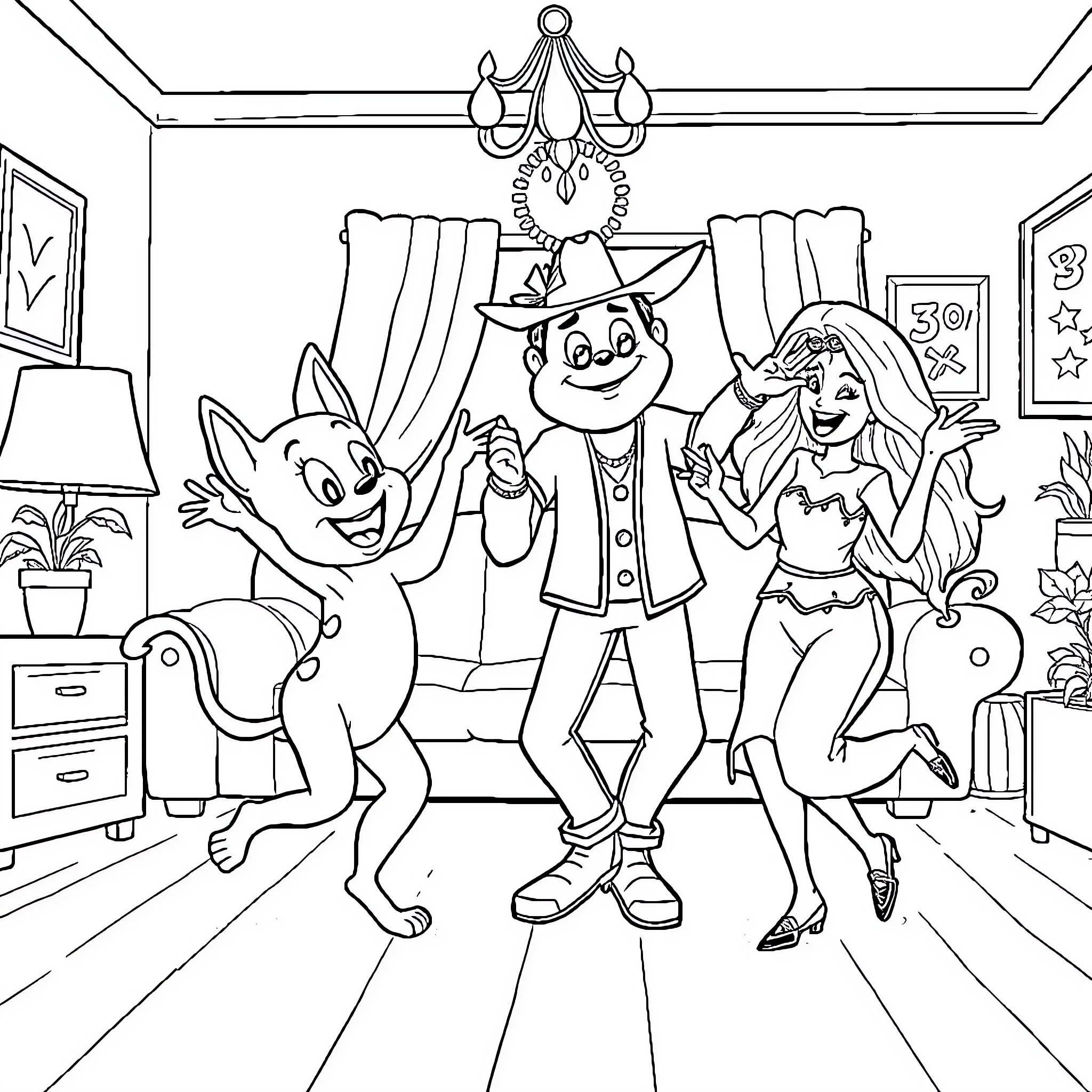 Bluey's Family Fun Celebration Coloring Page (free black-and-white line drawing printable PDF for all, from beginners to advanced learners, including children, teens, adults, and seniors)