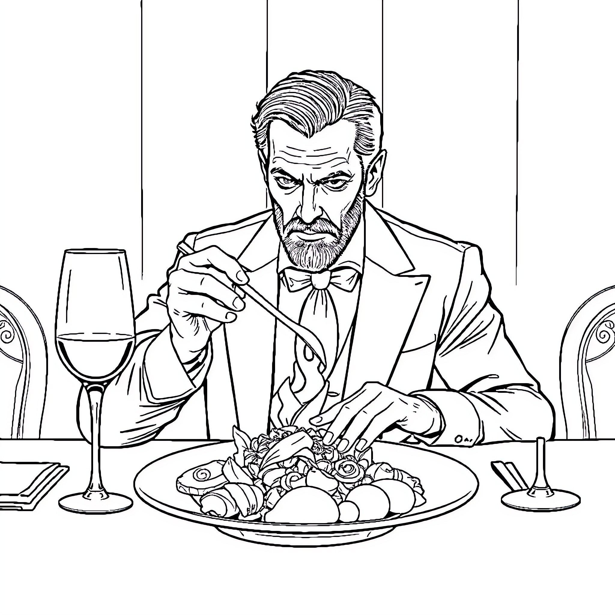 Hannibal Lecter enjoying a fine dining experience Coloring Page (free black-and-white line drawing printable PDF for all, from beginners to advanced learners, including children, teens, adults, and seniors)