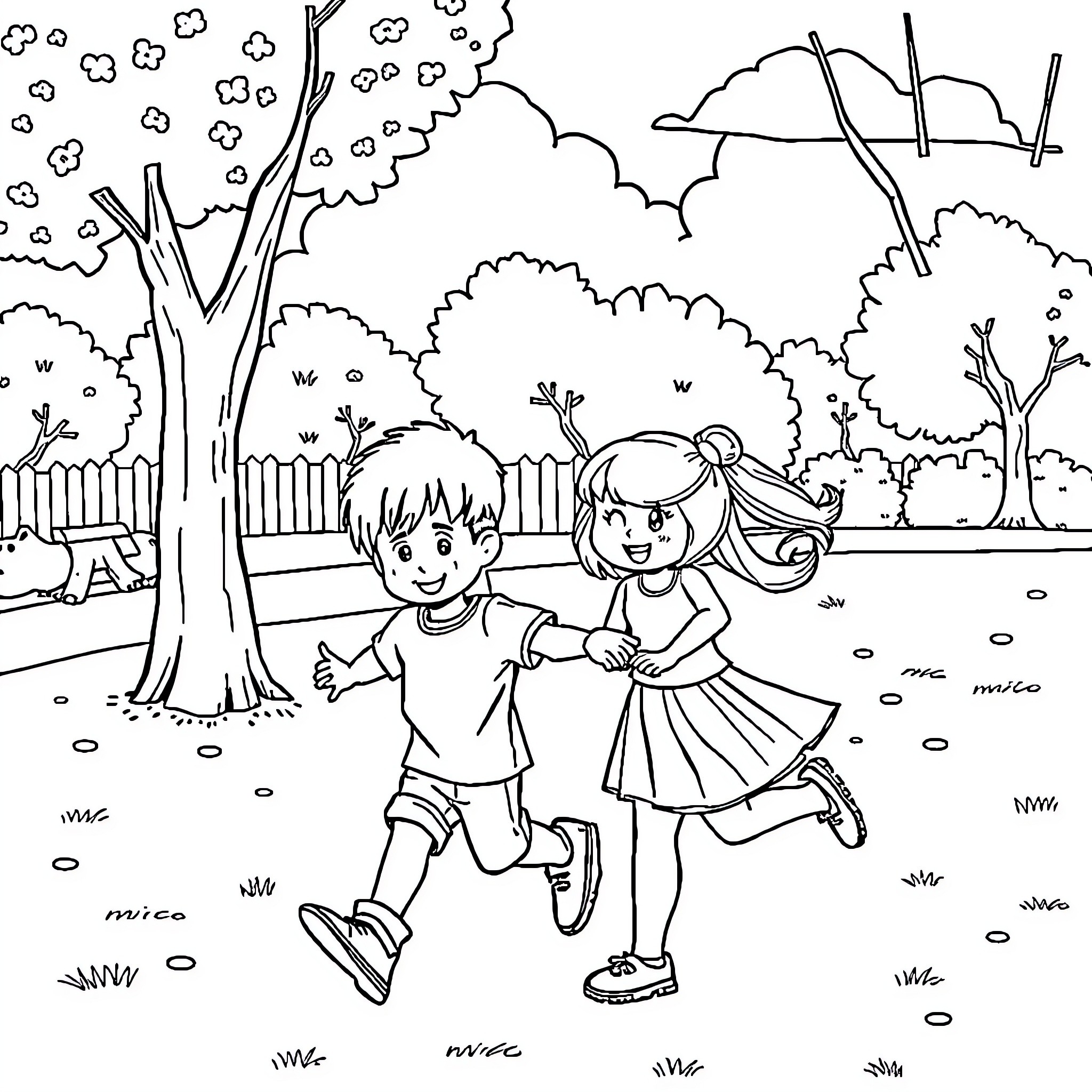 Children playing joyfully in the park Coloring Page (free black-and-white line drawing printable PDF for all, from beginners to advanced learners, including children, teens, adults, and seniors)