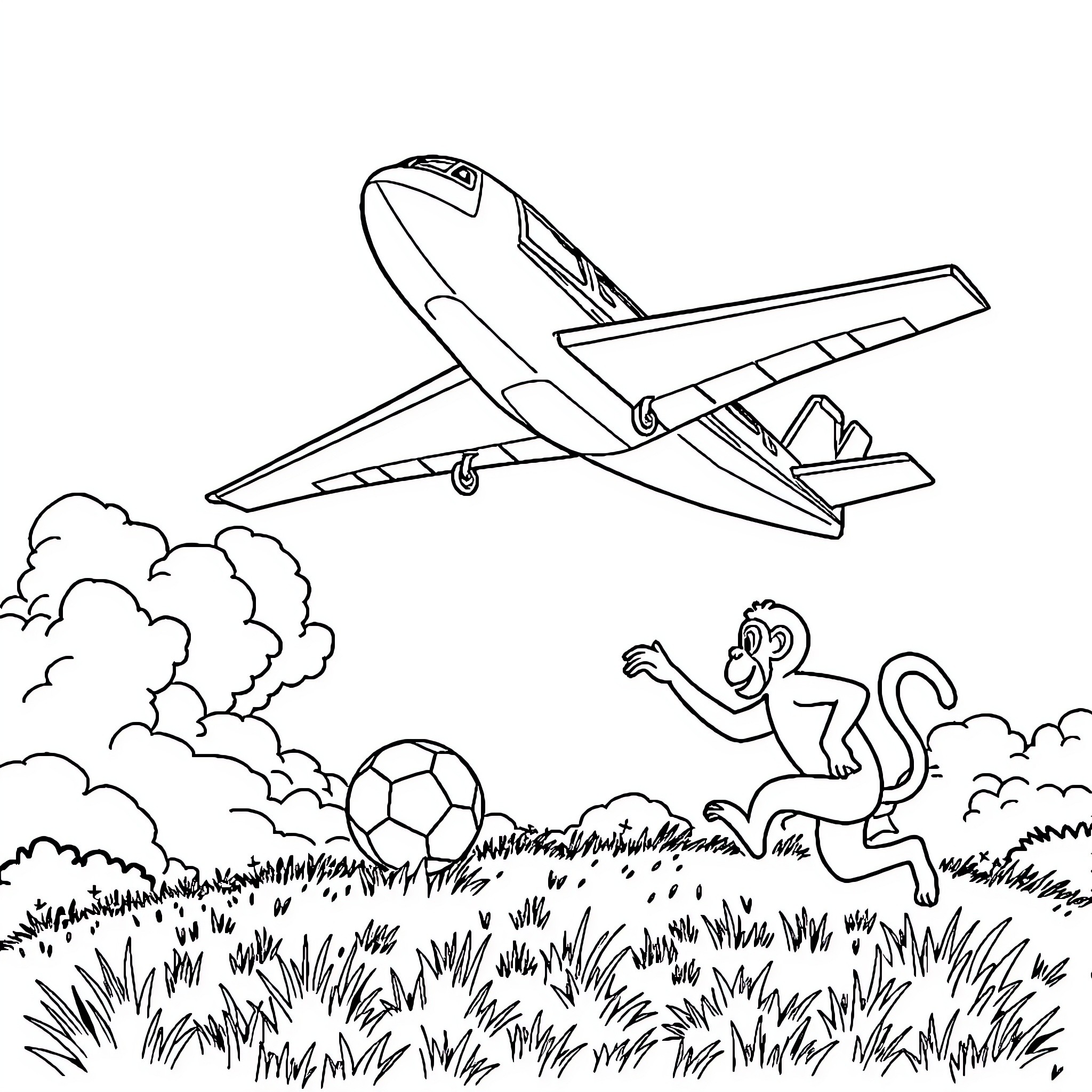 Plane flying over grassy field with playful monkey Coloring Page (free black-and-white line drawing printable PDF for all, from beginners to advanced learners, including children, teens, adults, and seniors)
