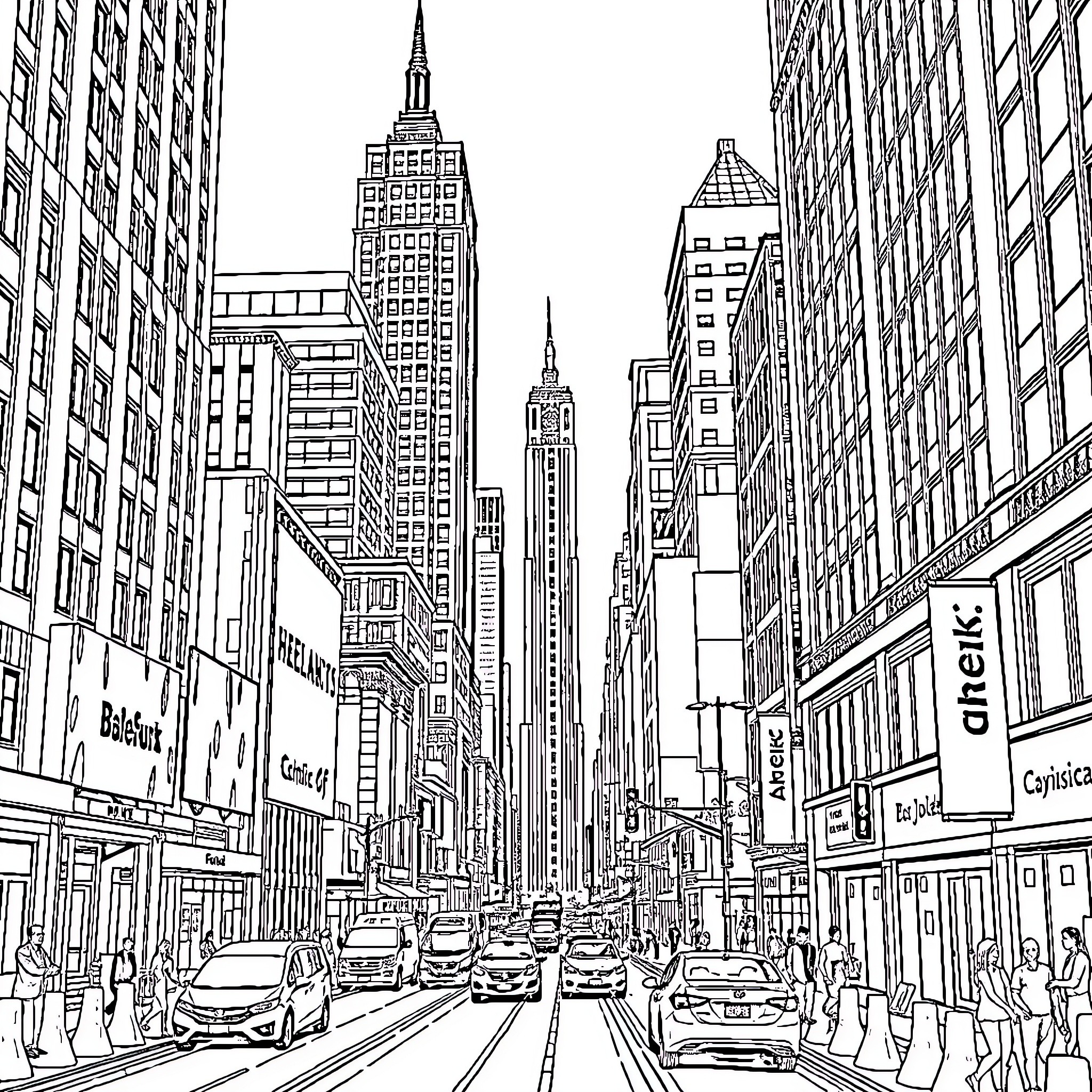 Cityscape of bustling urban streets and skyscrapers Coloring Page (free black-and-white line drawing printable PDF for all, from beginners to advanced learners, including children, teens, adults, and seniors)