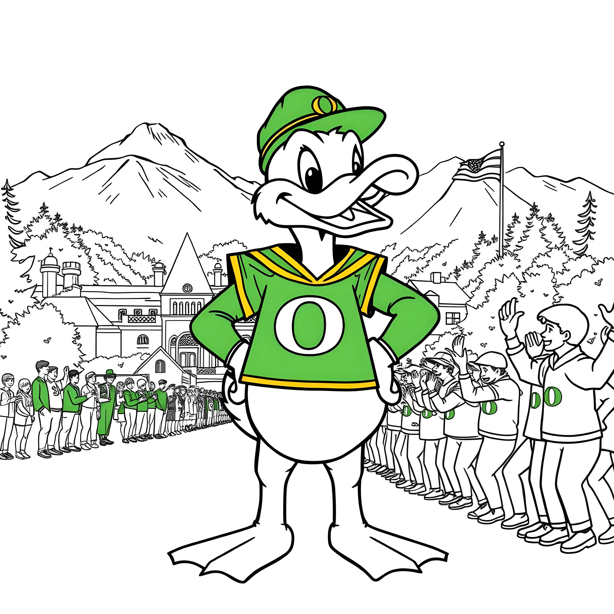 Duck mascot leading a cheering crowd in the mountains Coloring Page (free black-and-white line drawing printable PDF for all, from beginners to advanced learners, including children, teens, adults, and seniors)