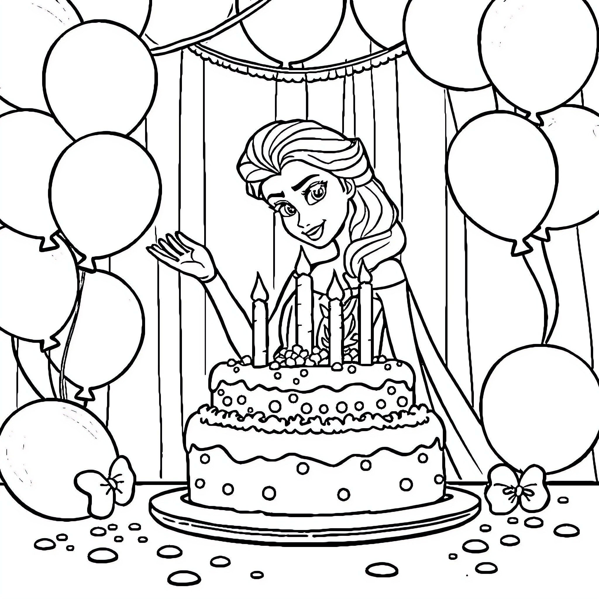 Elsa's Birthday Celebration with Balloons Coloring Page (free black-and-white line drawing printable PDF for all, from beginners to advanced learners, including children, teens, adults, and seniors)