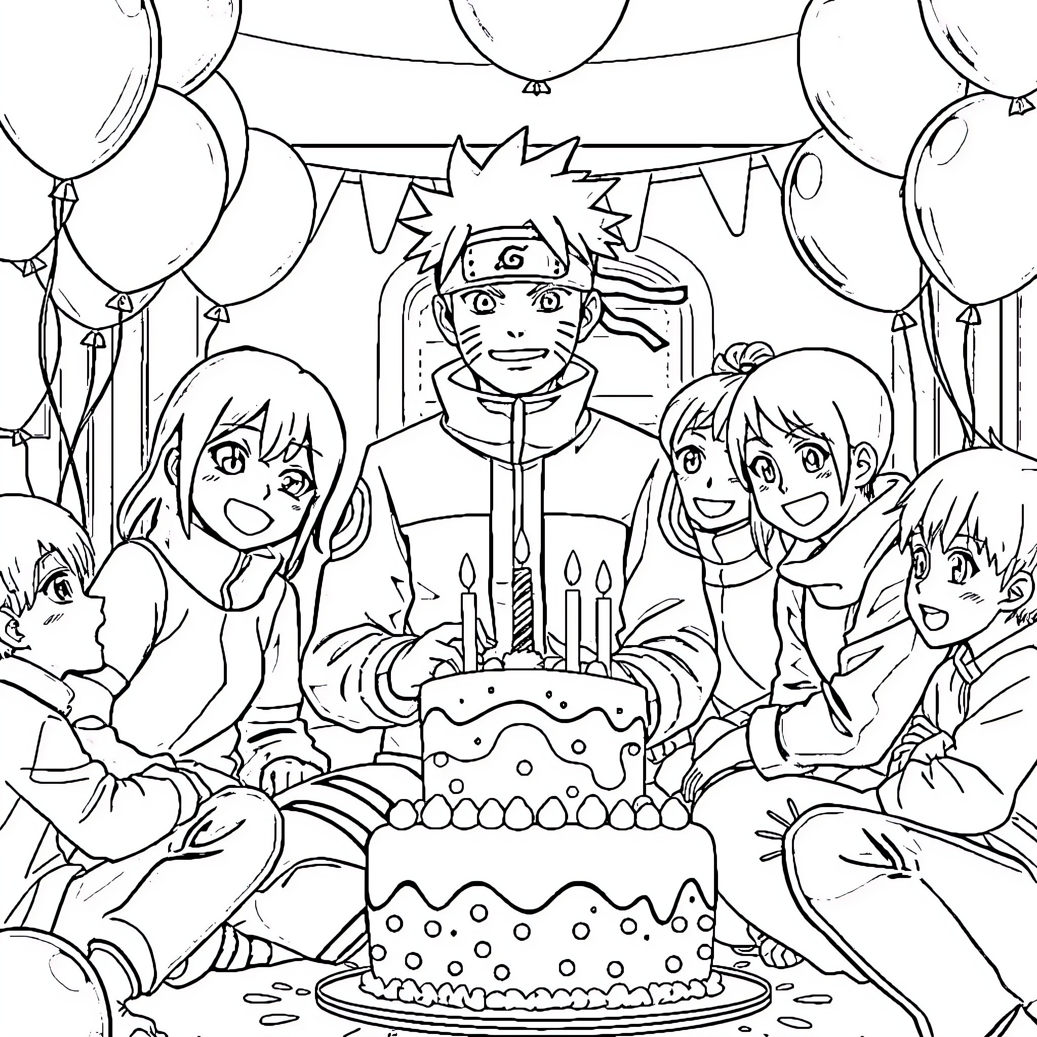 Naruto's Birthday Celebration with Friends Coloring Page (free black-and-white line drawing printable PDF for all, from beginners to advanced learners, including children, teens, adults, and seniors)