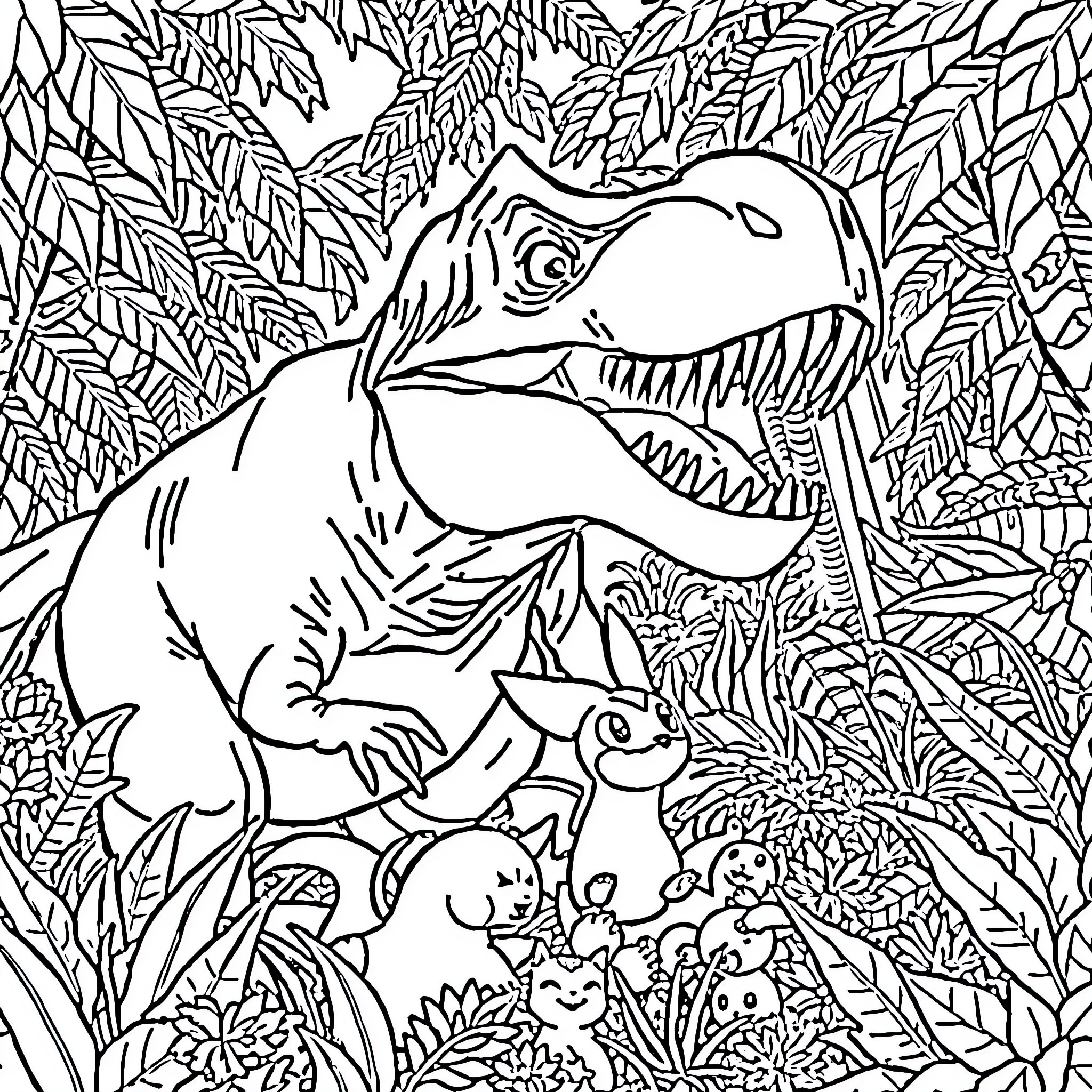 T-Rex hunting in the jungle Coloring Page (free black-and-white line drawing printable PDF for all, from beginners to advanced learners, including children, teens, adults, and seniors)
