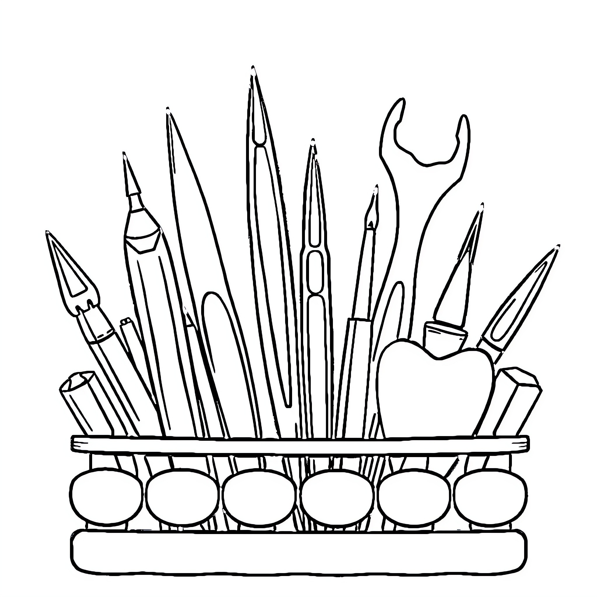 Dental Tools Arrangement on Rack Coloring Page (free black-and-white line drawing printable PDF for all, from beginners to advanced learners, including children, teens, adults, and seniors)