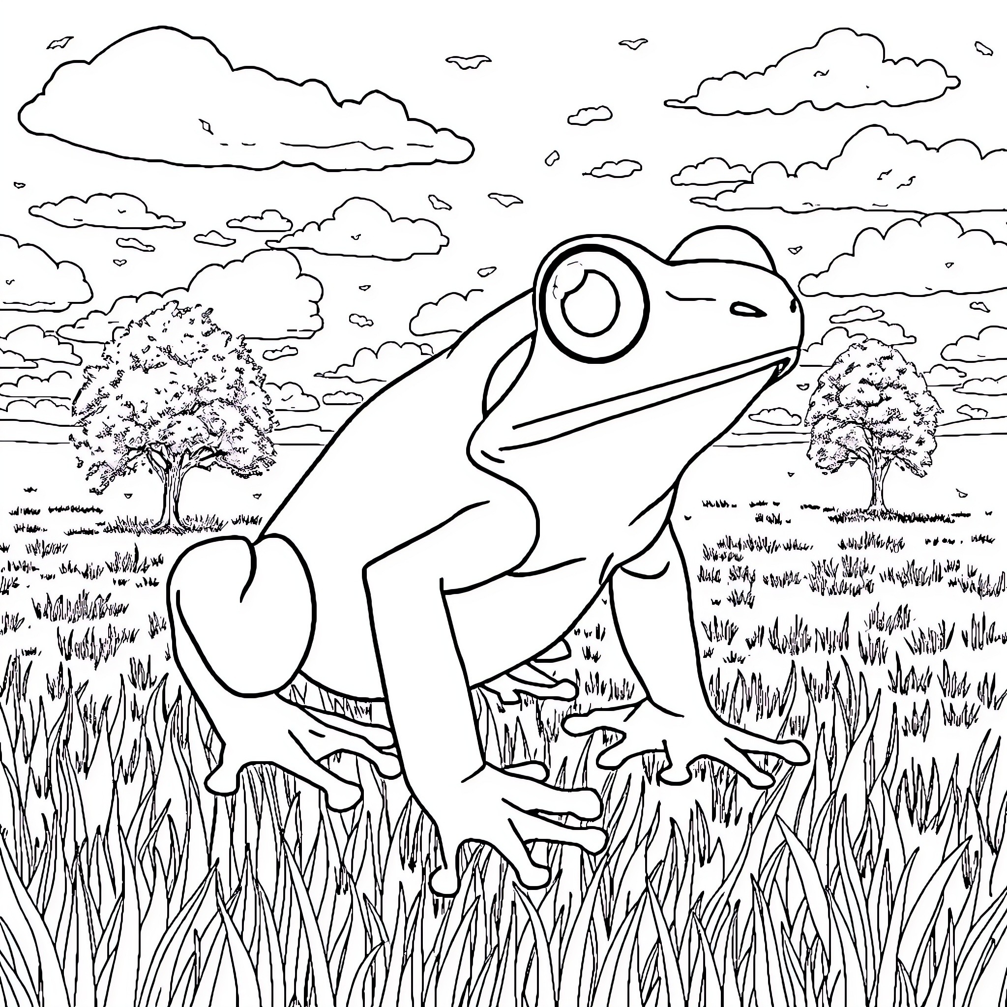 Golden Poison Frog exploring the lush landscape Coloring Page (free black-and-white line drawing printable PDF for all, from beginners to advanced learners, including children, teens, adults, and seniors)
