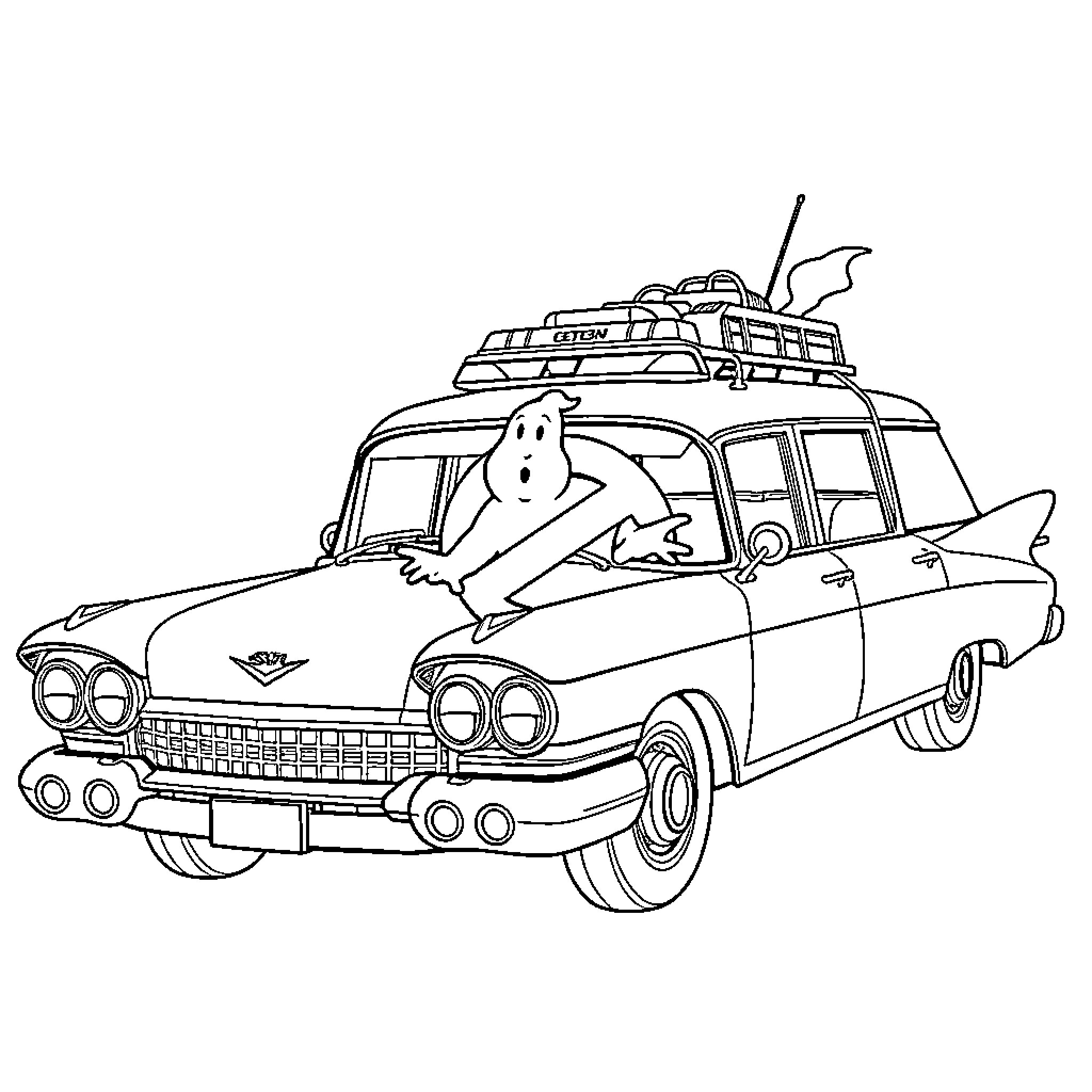 Ghostbusters Car with Ghost Character Coloring Page (free black-and-white line drawing printable PDF for all, from beginners to advanced learners, including children, teens, adults, and seniors)