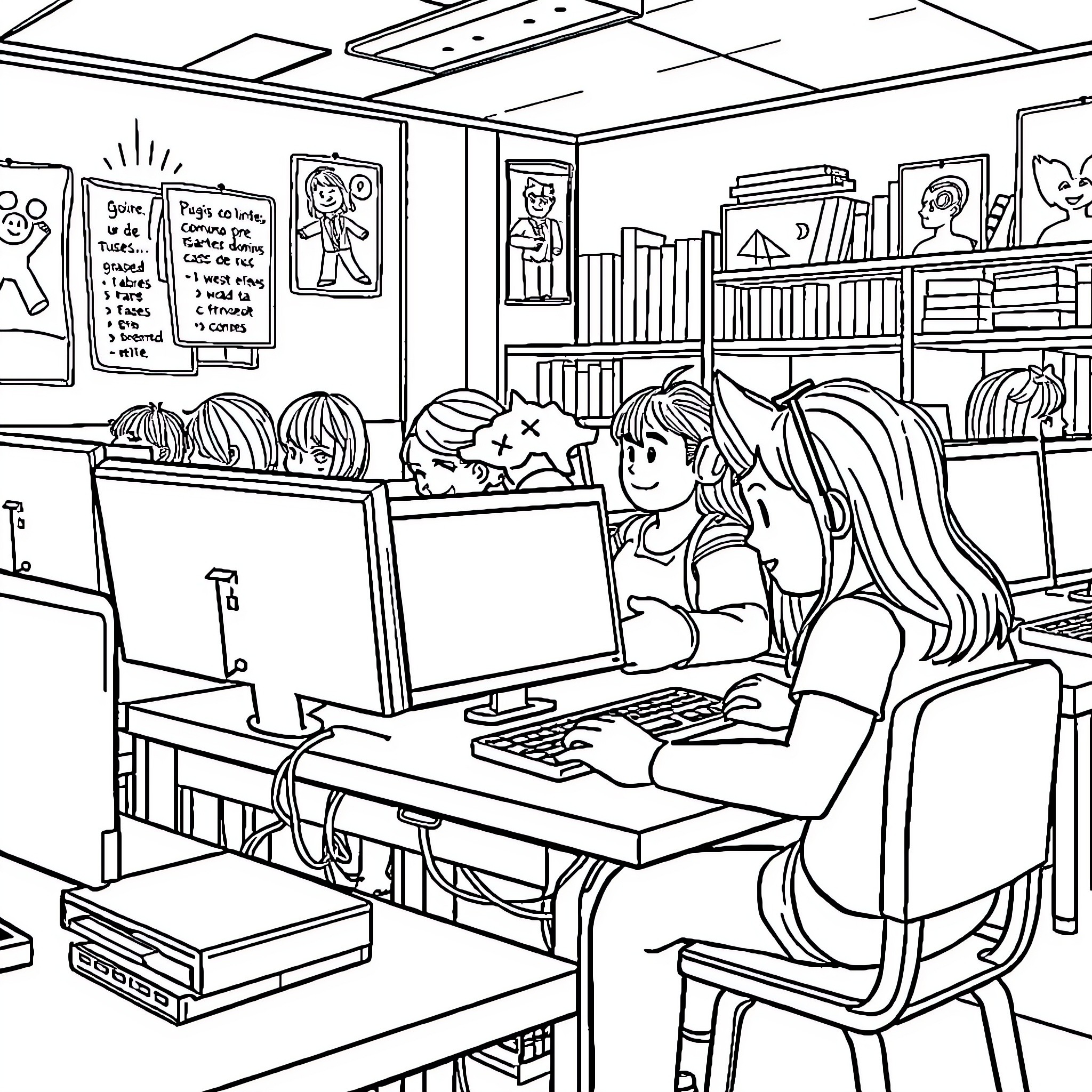 Roblox Players in a Computer Lab Coloring Page (free black-and-white line drawing printable PDF for all, from beginners to advanced learners, including children, teens, adults, and seniors)