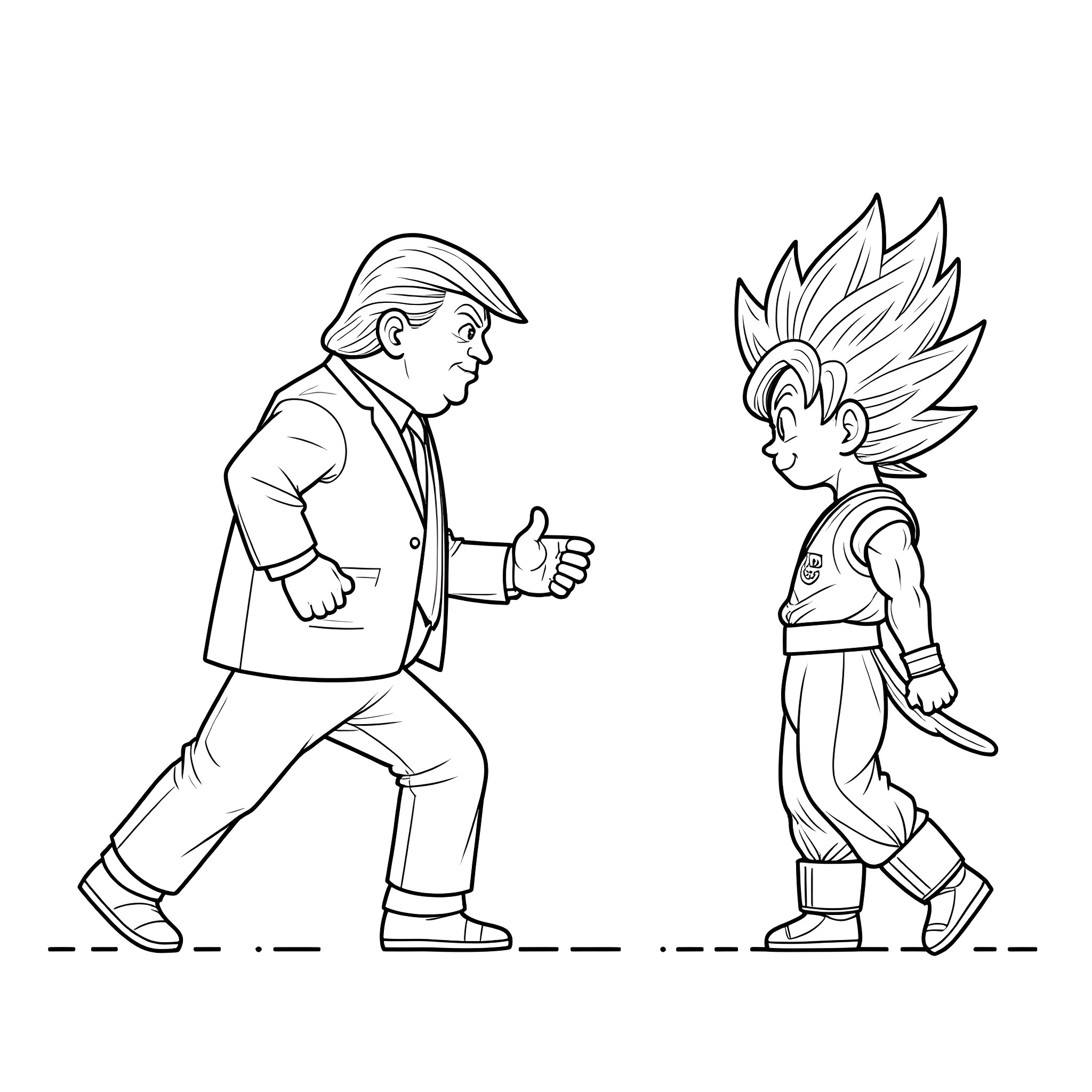 Trump interacts with animated character in quirky scene Coloring Page (free black-and-white line drawing printable PDF for all, from beginners to advanced learners, including children, teens, adults, and seniors)