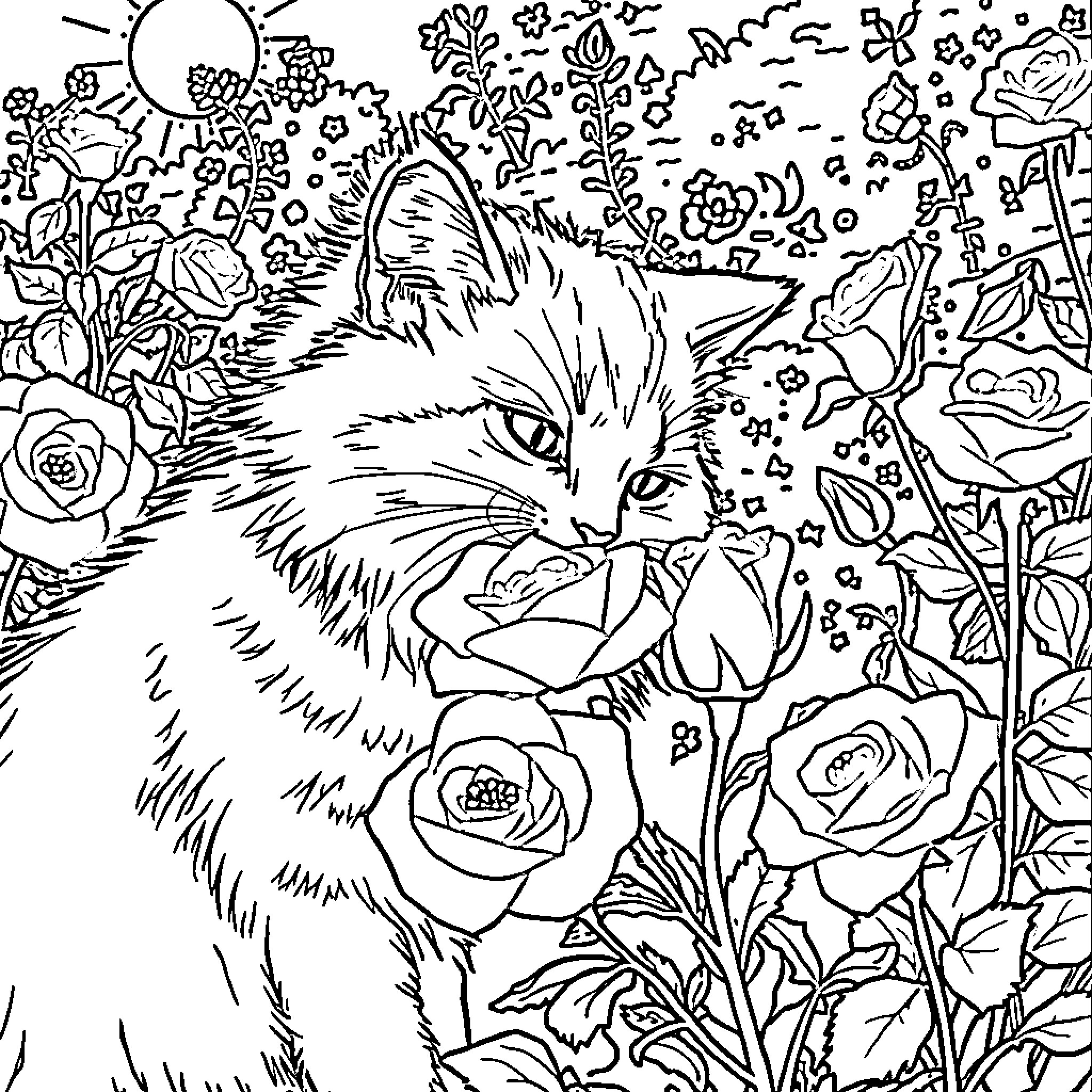 Cat amidst floral garden Coloring Page (free black-and-white line drawing printable PDF for all, from beginners to advanced learners, including children, teens, adults, and seniors)