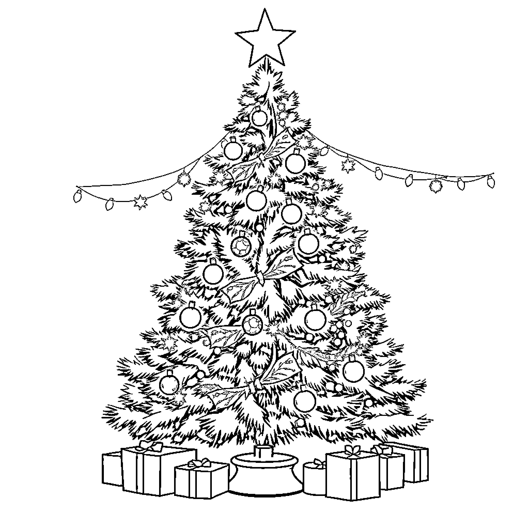 Christmas tree with ornaments and presents Coloring Page (free black-and-white line drawing printable PDF for all, from beginners to advanced learners, including children, teens, adults, and seniors)