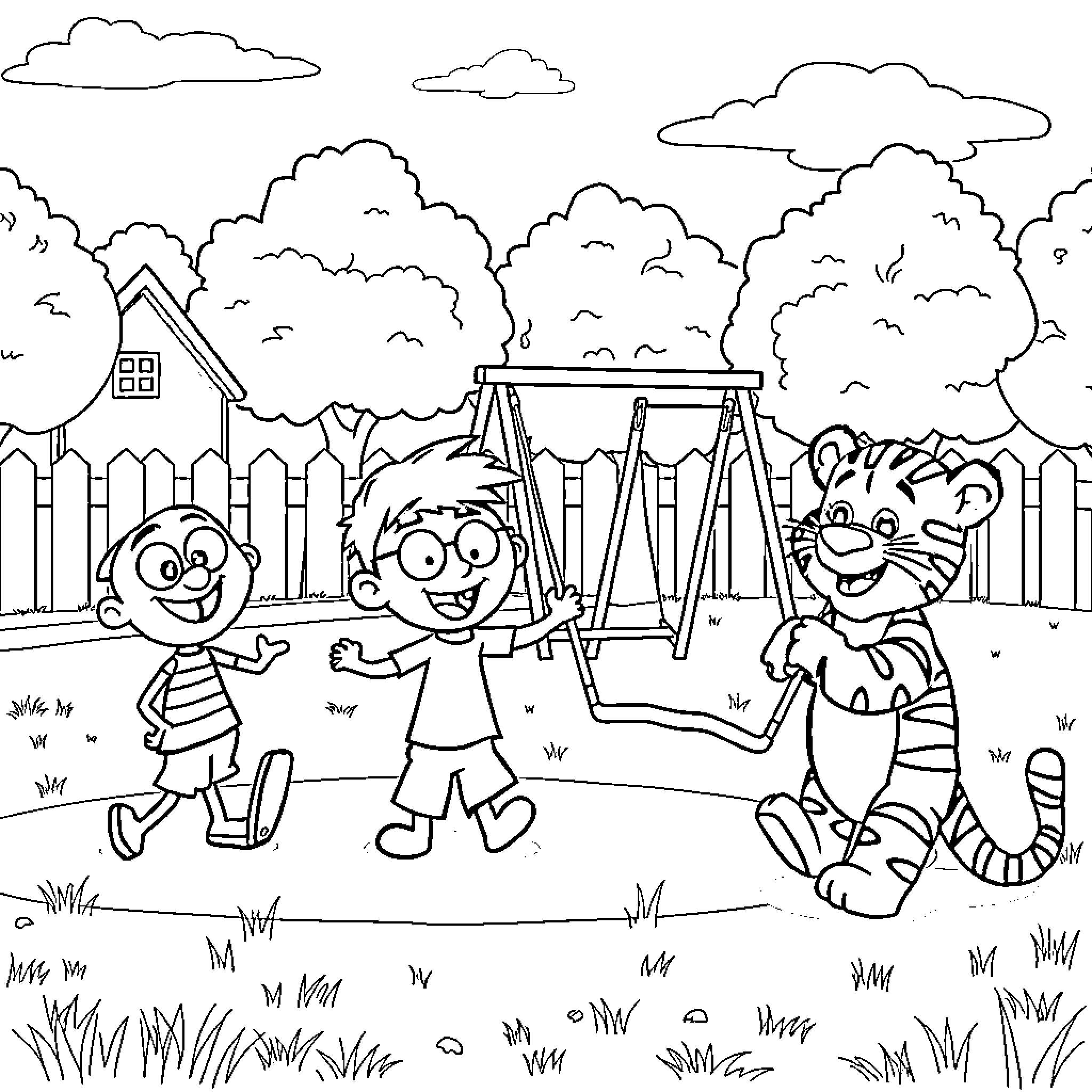 Character children playing happily on the playground Coloring Page (free black-and-white line drawing printable PDF for all, from beginners to advanced learners, including children, teens, adults, and seniors)