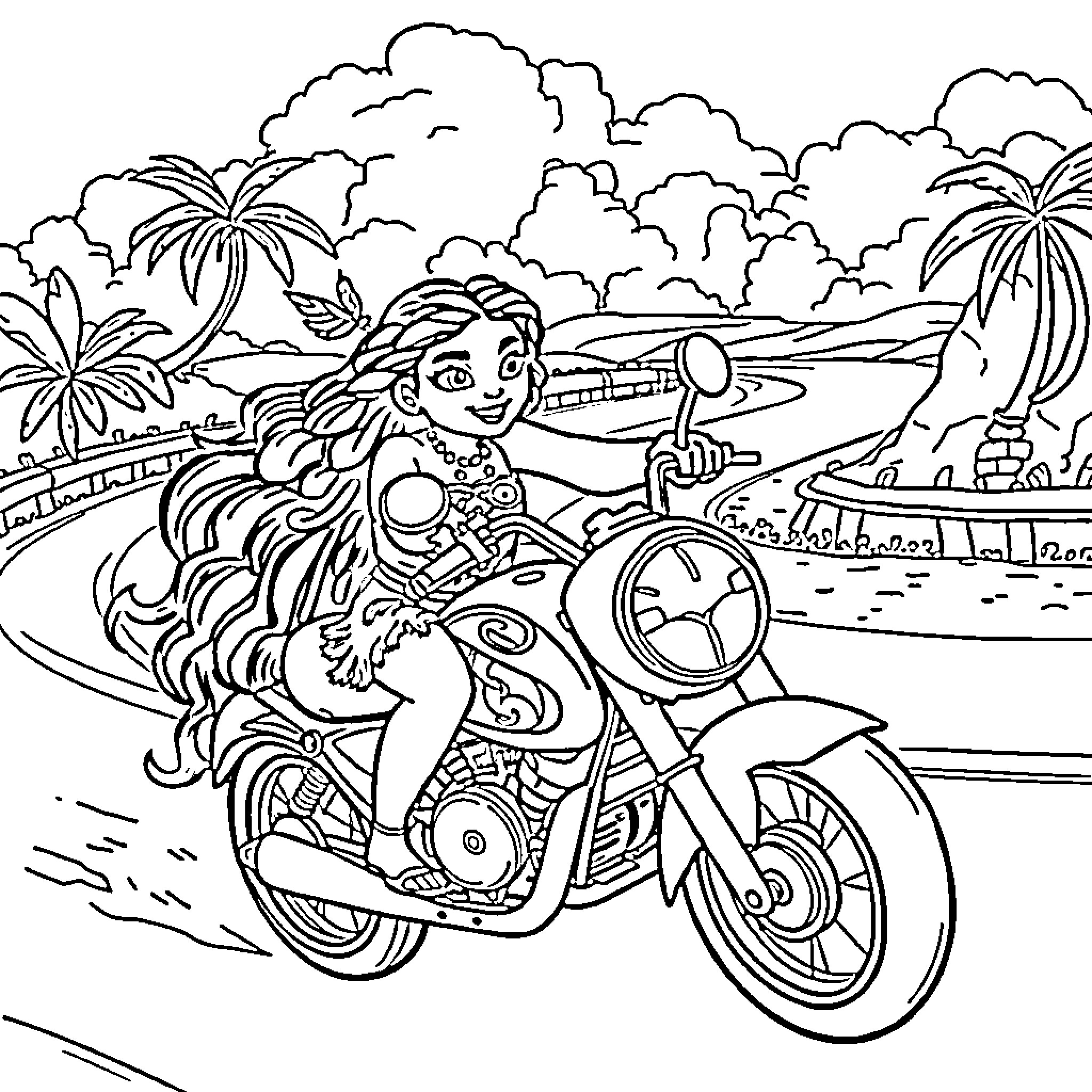 Moana riding a motorcycle through a tropical paradise Coloring Page (free black-and-white line drawing printable PDF for all, from beginners to advanced learners, including children, teens, adults, and seniors)