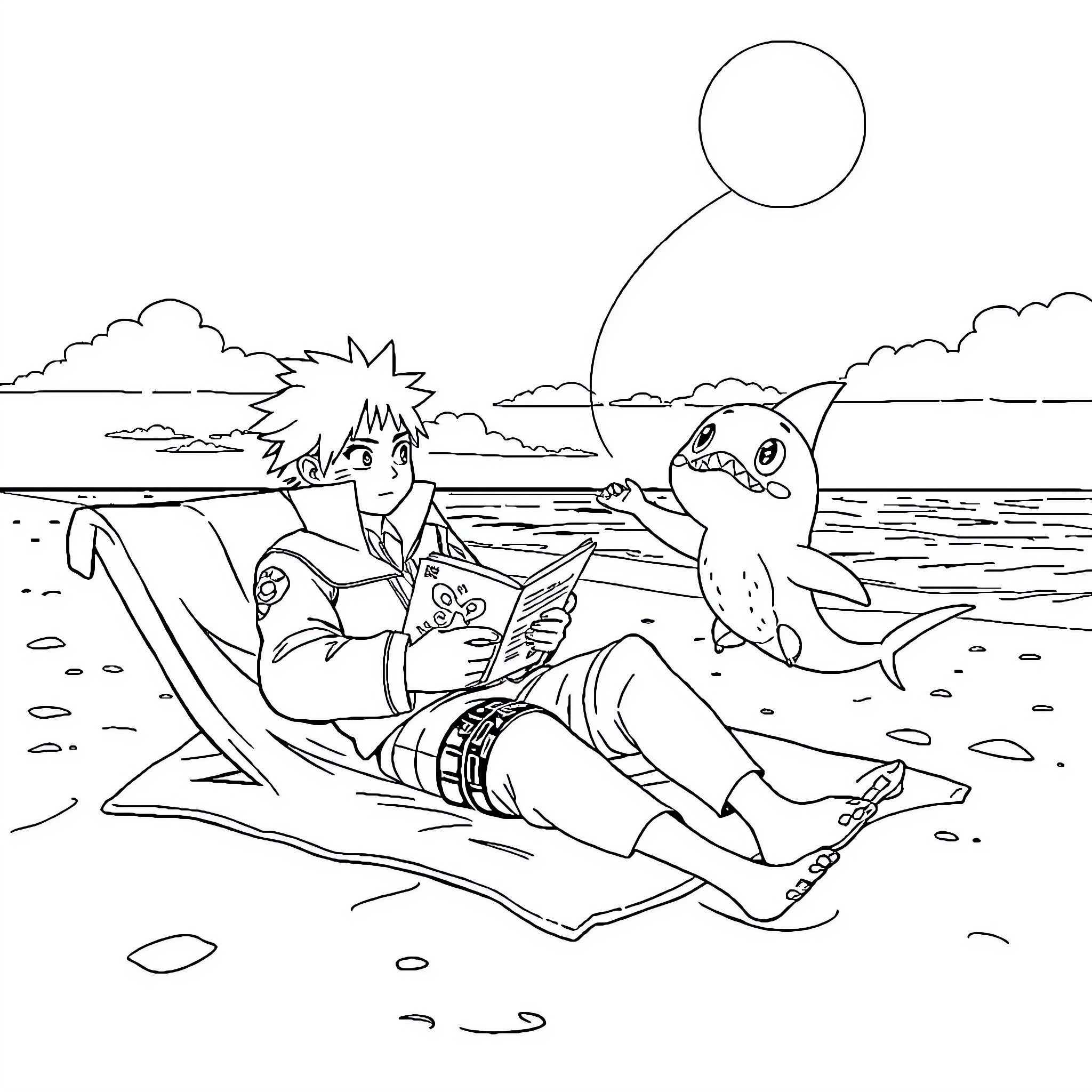 Naruto relaxing on the beach with Kurama Coloring Page (free black-and-white line drawing printable PDF for all, from beginners to advanced learners, including children, teens, adults, and seniors)
