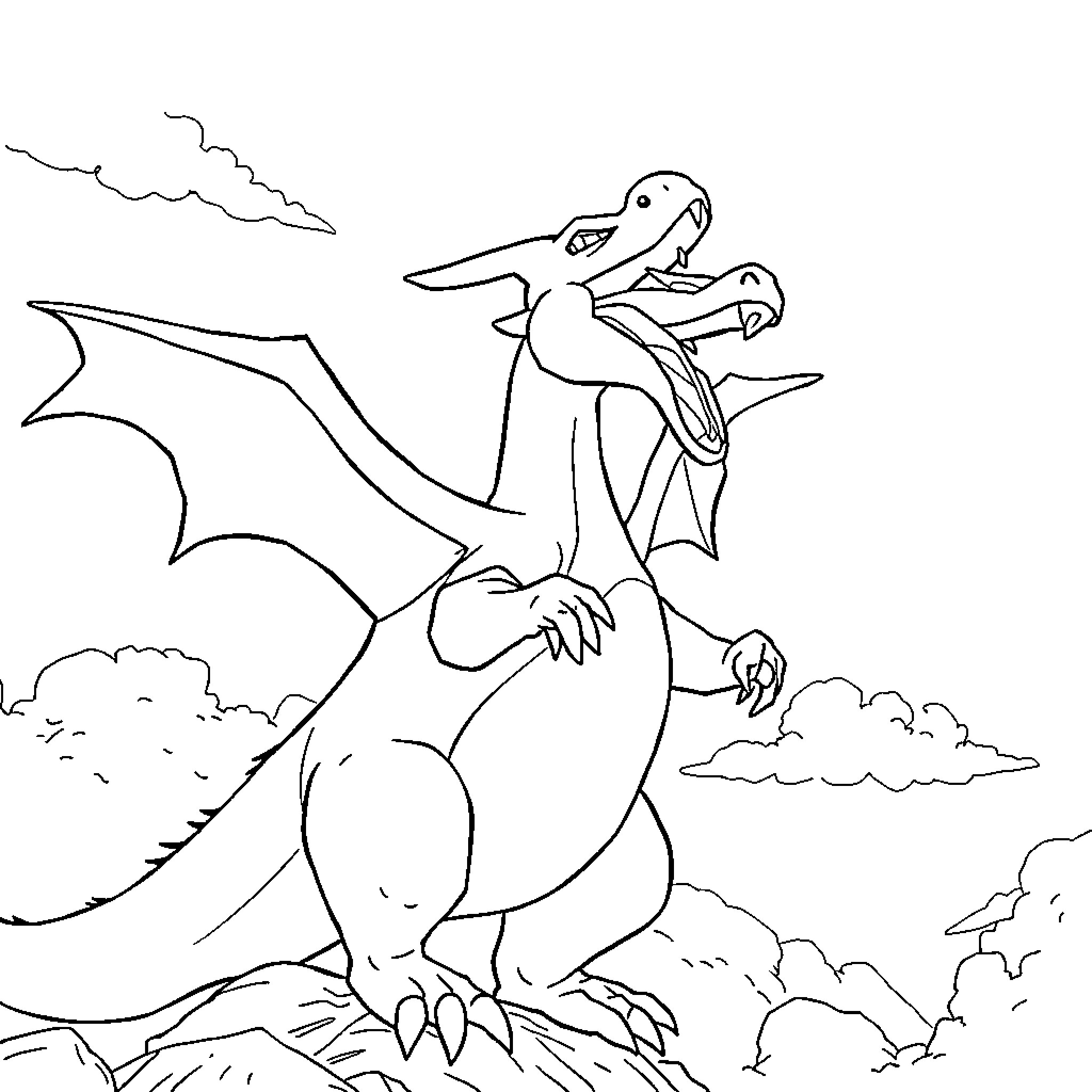 Charizard flying through the clouds Coloring Page (free black-and-white line drawing printable PDF for all, from beginners to advanced learners, including children, teens, adults, and seniors)