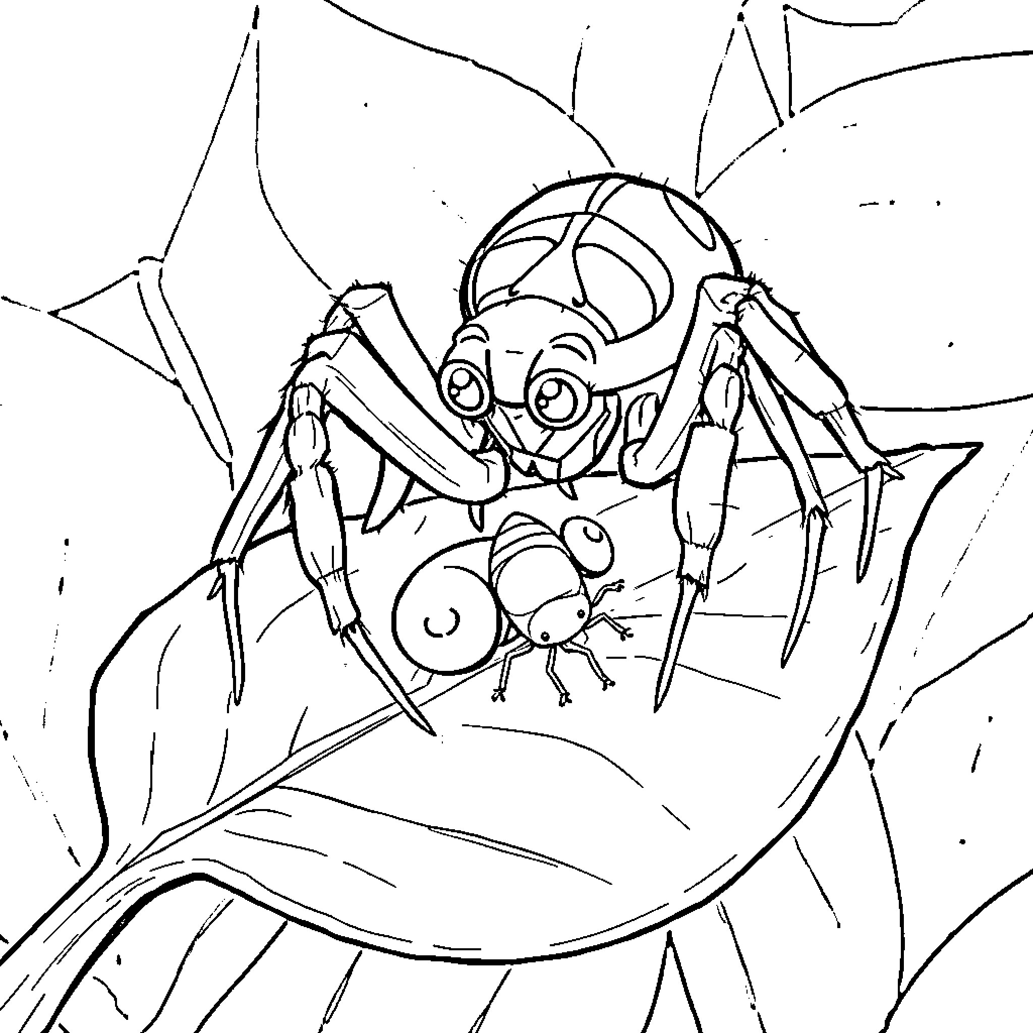Spider hunting its prey on a leaf Coloring Page (free black-and-white line drawing printable PDF for all, from beginners to advanced learners, including children, teens, adults, and seniors)
