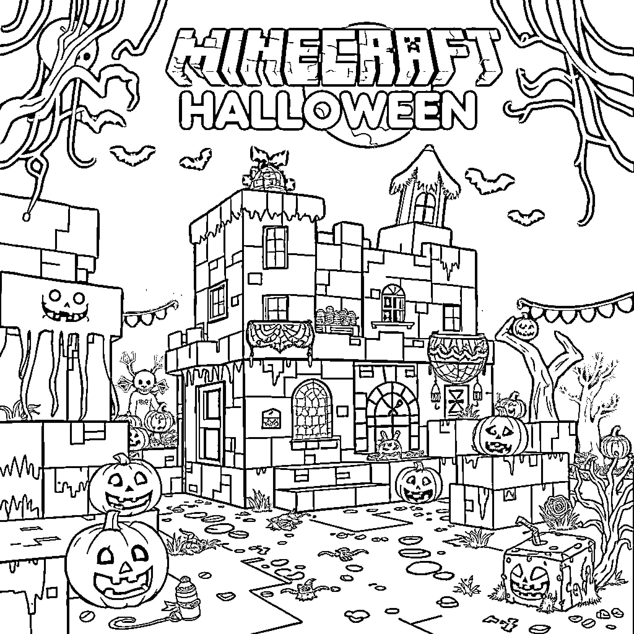 Minecraft Halloween haunted castle and decorations Coloring Page (free black-and-white line drawing printable PDF for all, from beginners to advanced learners, including children, teens, adults, and seniors)