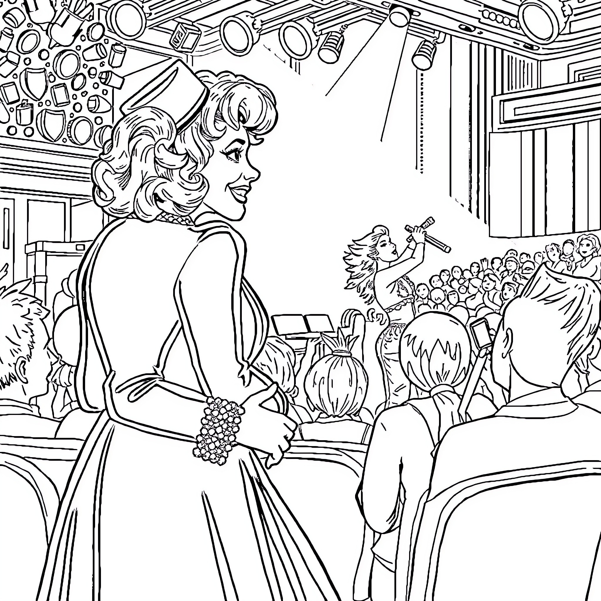 Dolly's Glamorous Stage Performance Coloring Page (free black-and-white line drawing printable PDF for all, from beginners to advanced learners, including children, teens, adults, and seniors)