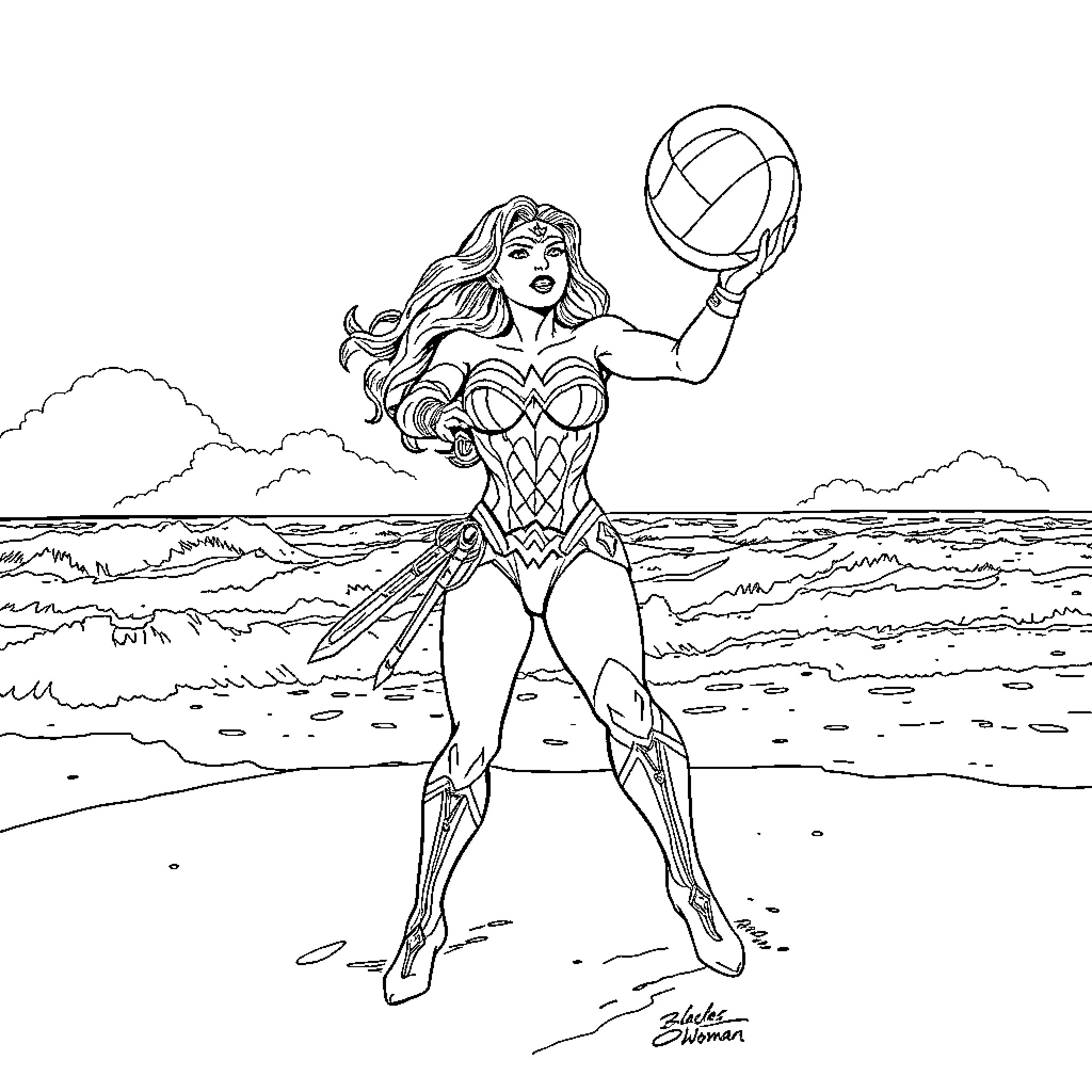 Wonder Woman Plays Volleyball on the Beach Coloring Page (free black-and-white line drawing printable PDF for all, from beginners to advanced learners, including children, teens, adults, and seniors)