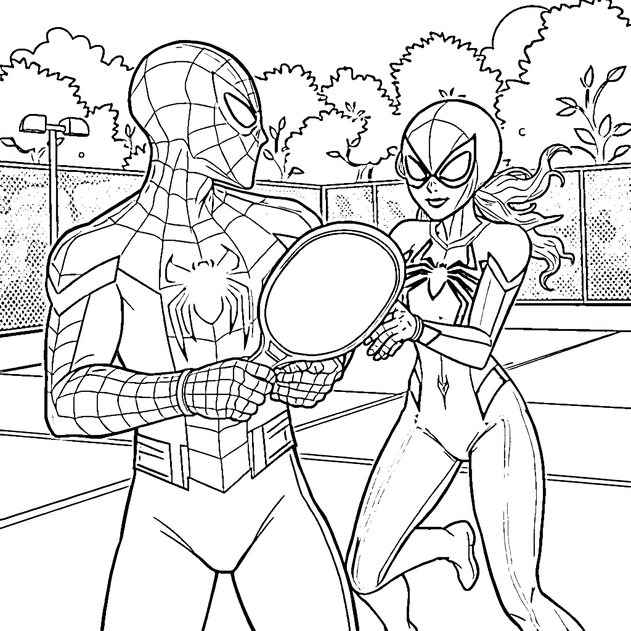 Spiderman and Gwen Stacy team up for heroic adventure Coloring Page (free black-and-white line drawing printable PDF for all, from beginners to advanced learners, including children, teens, adults, and seniors)